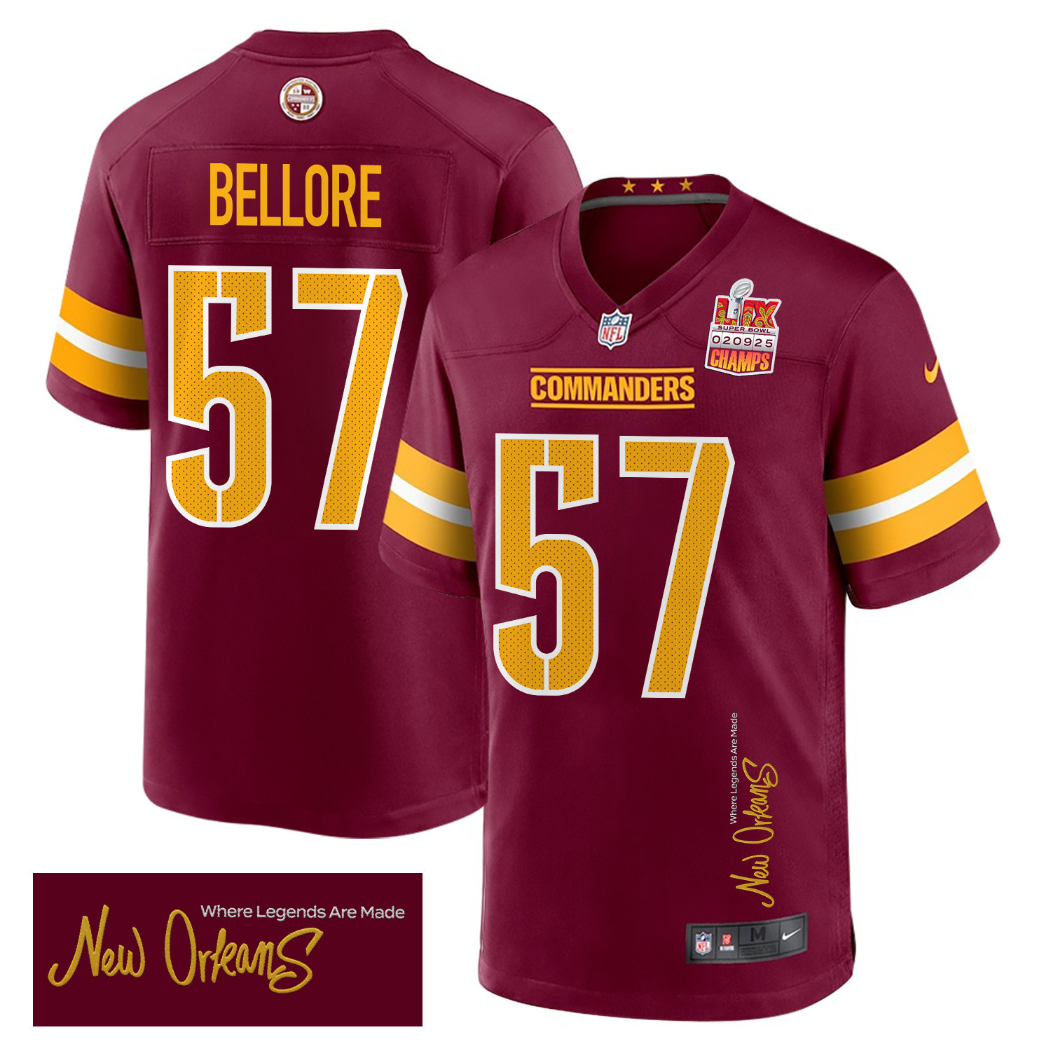 Nick Bellore 57 Washington Commanders Super Bowl LIX Champions Patch 'New Orleans - Where Legends Are Made' EMBROIDERED Game Men Jersey - Burgundy JS6780 Saliibo