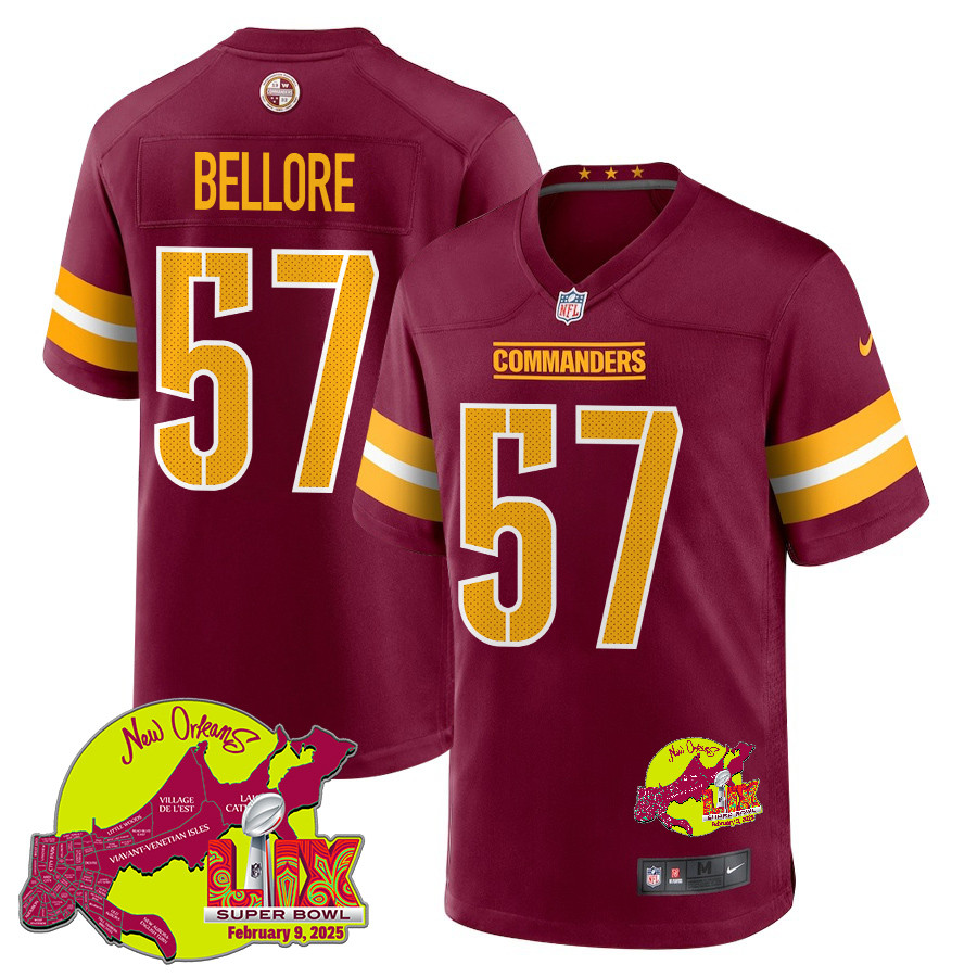 Nick Bellore 57 Washington Commanders Super Bowl LIX New Orleans Patch Game Men Jersey - Burgundy JS2754 Saliibo
