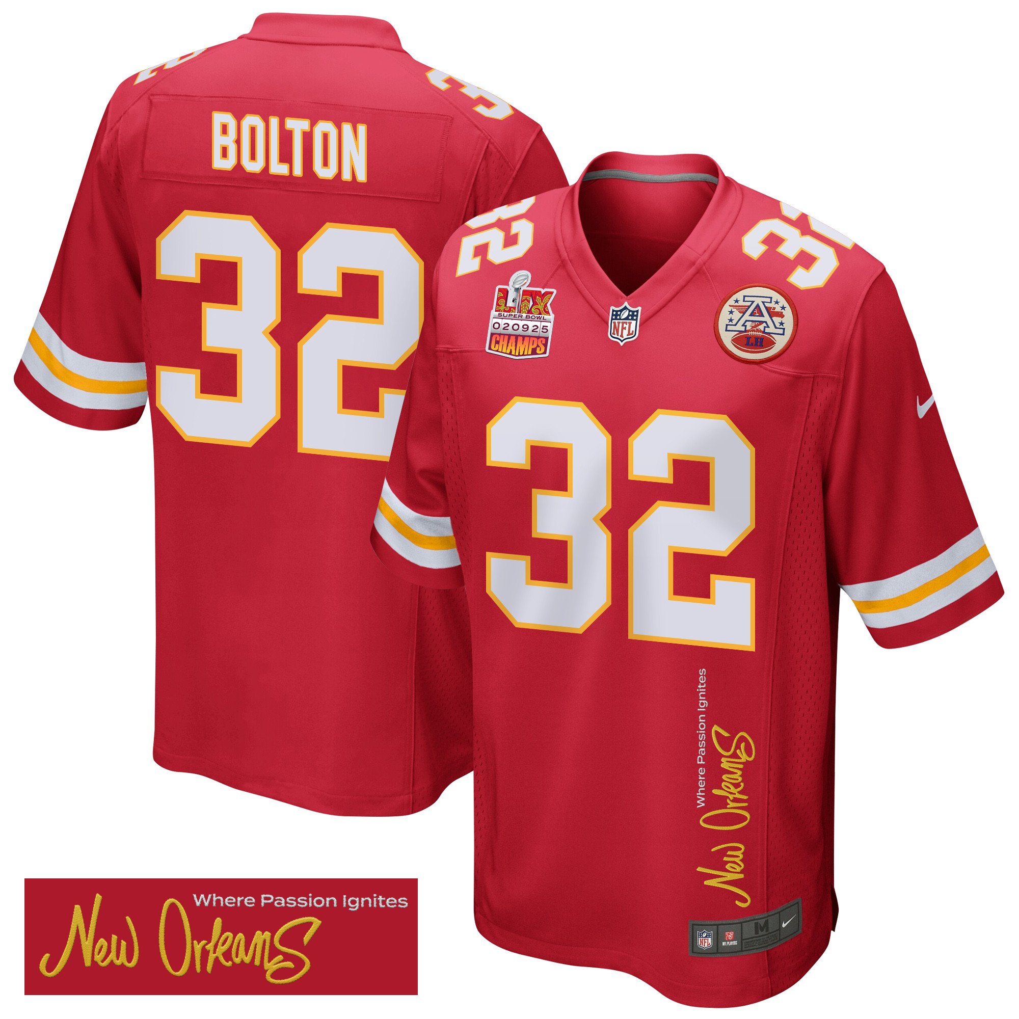 Nick Bolton 32 Kansas City Chiefs Super Bowl LIX Champions Patch 'New Orleans - Where Passion Ignites' EMBROIDERED Game Men Jersey - Red JS7968 Saliibo