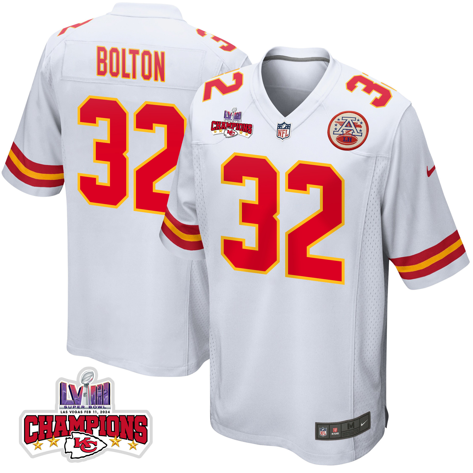 Nick Bolton 32 Kansas City Chiefs Super Bowl LVIII Champions 4 Stars Patch Game Men Jersey - White JS9034 Saliibo