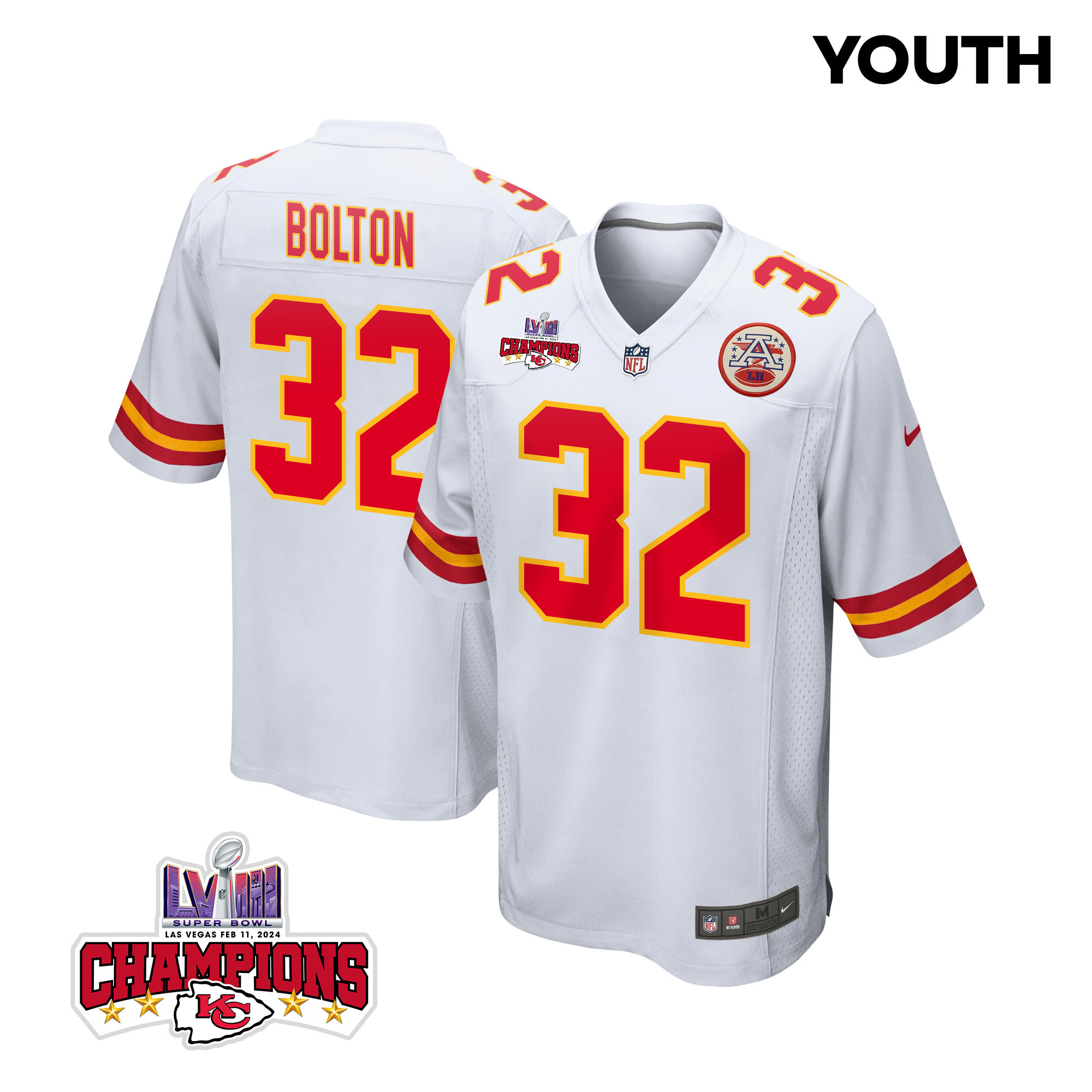 Nick Bolton 32 Kansas City Chiefs Super Bowl LVIII Champions 4 Stars Patch Game YOUTH Jersey - White JS2445 Saliibo