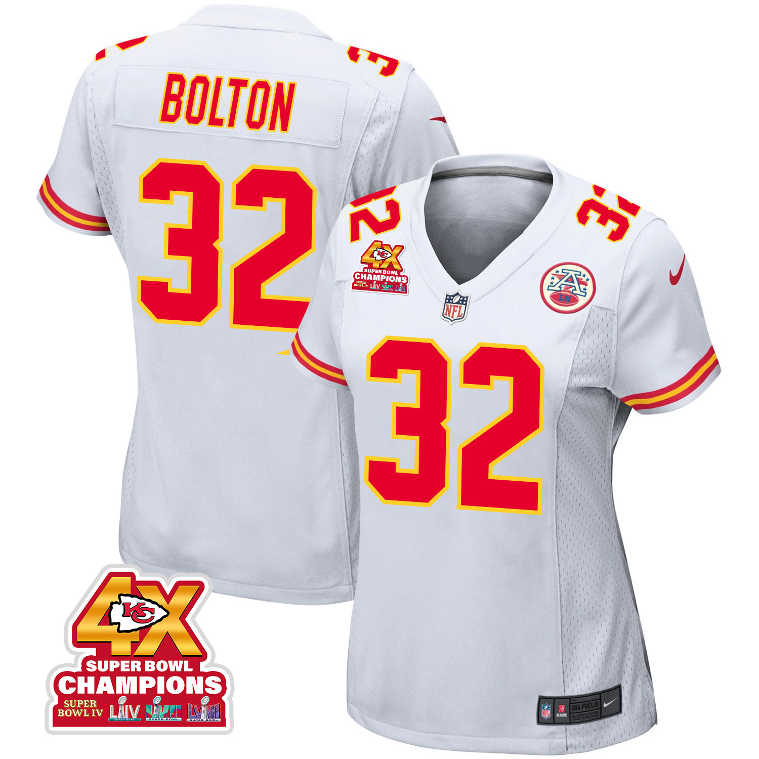 Nick Bolton 32 Kansas City Chiefs Super Bowl LVIII Champions 4X Game Women Jersey - White JS3772 Saliibo