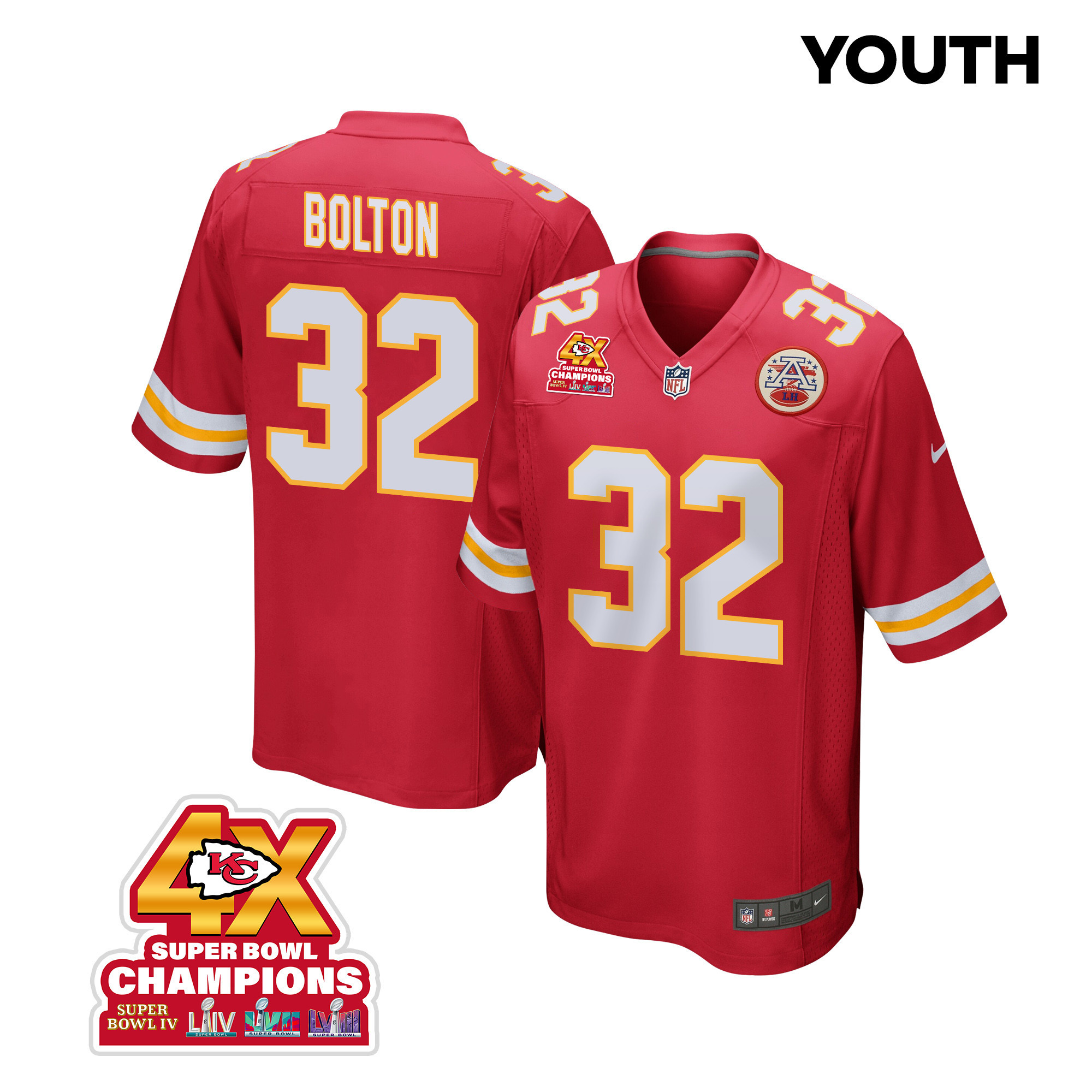 Nick Bolton 32 Kansas City Chiefs Super Bowl LVIII Champions 4X Game YOUTH Jersey - Red JS5402 Saliibo