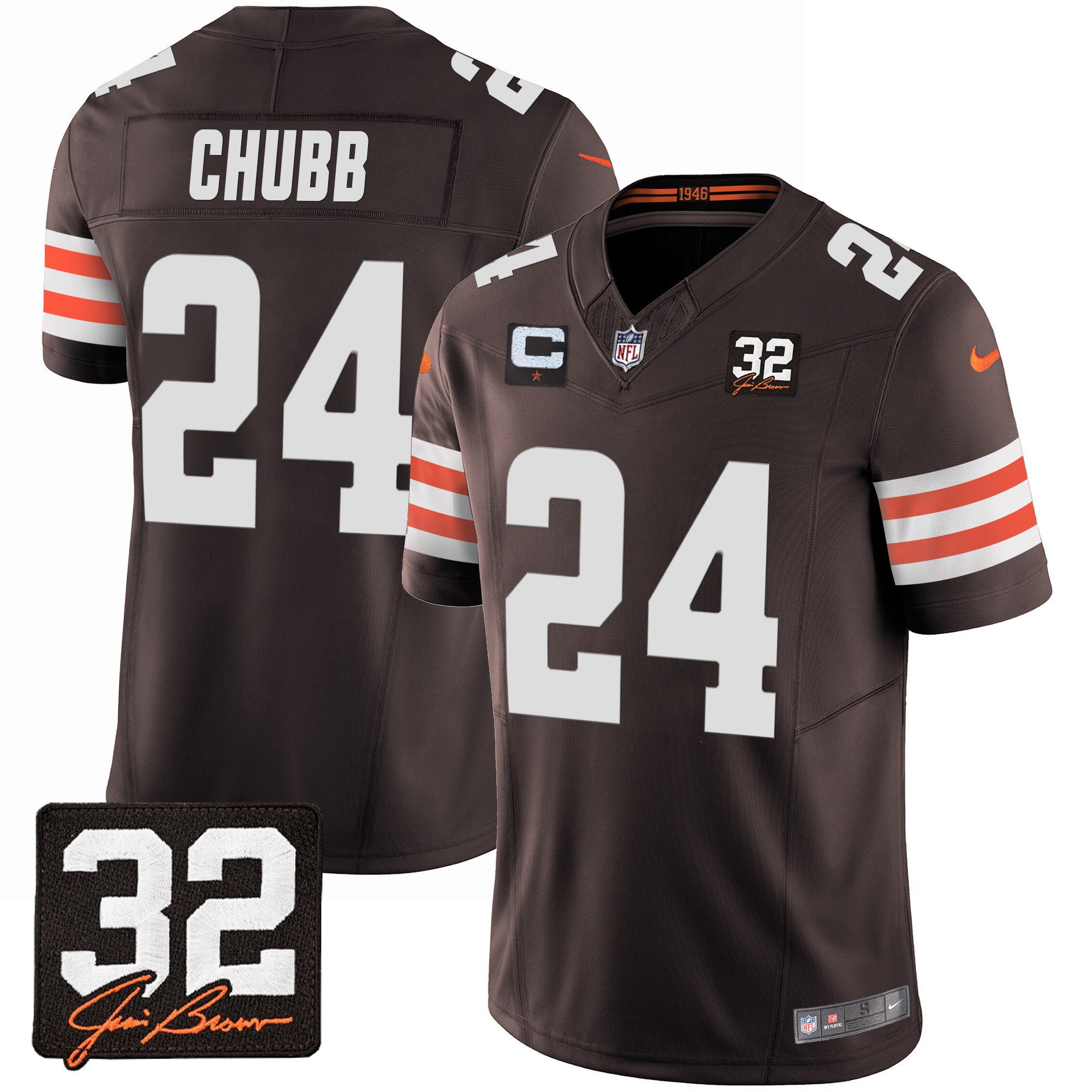Nick Chubb 24 Cleveland Browns Jim Brown Memorial Patch Game Men Jersey - Brown JS4198 Saliibo