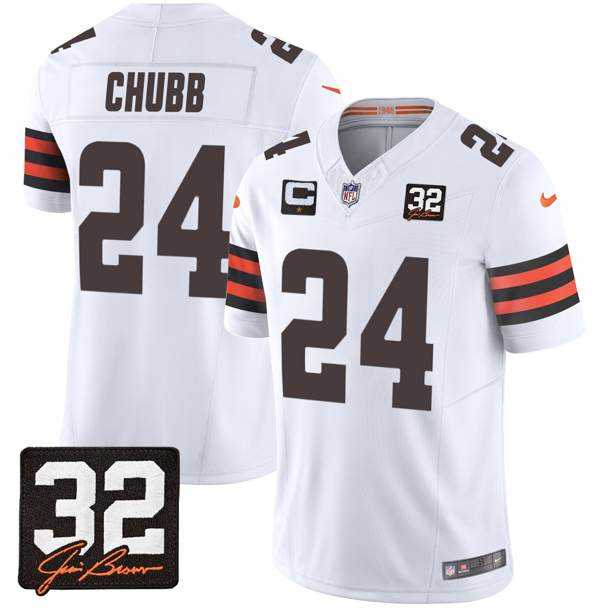 Nick Chubb 24 Cleveland Browns Jim Brown Memorial Patch Game Men Jersey - White JS7502 Saliibo
