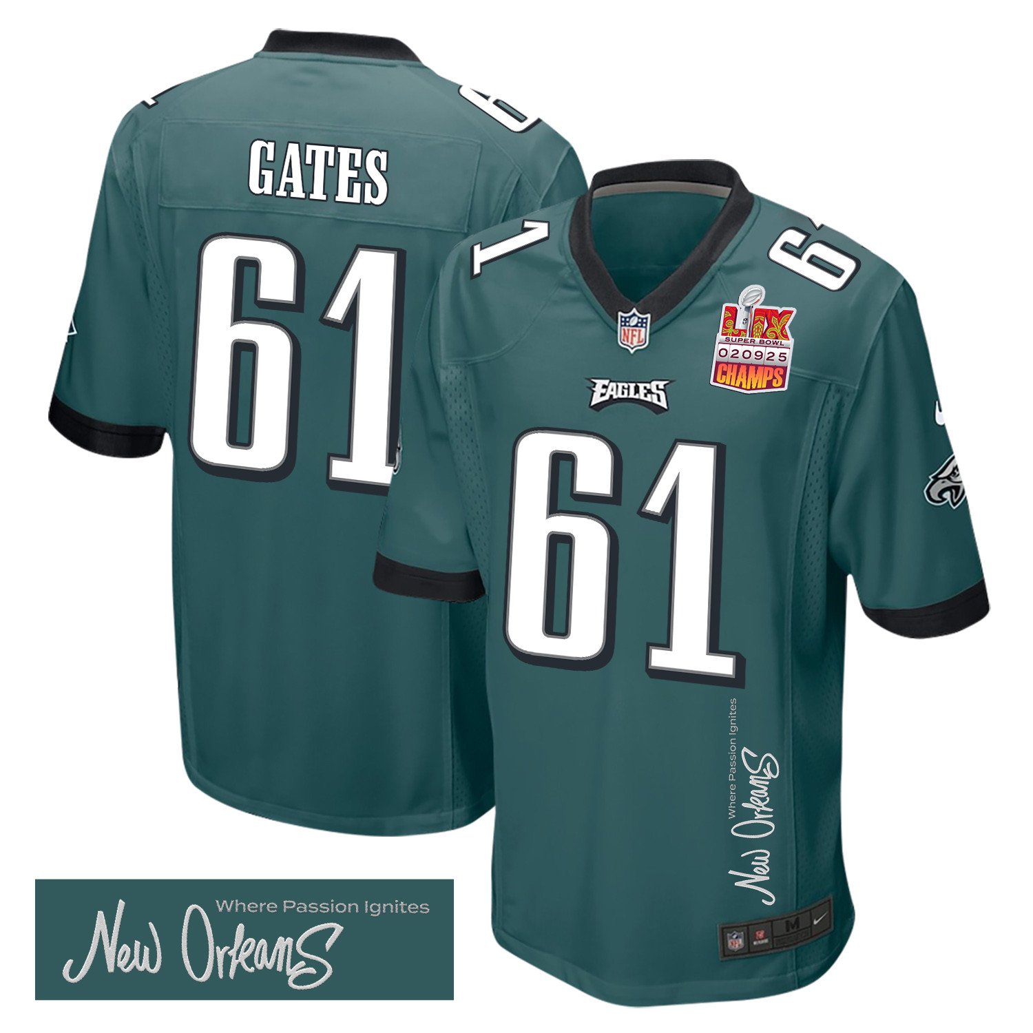 Nick Gates 61 Philadelphia Eagles Super Bowl LIX Champions Patch 'New Orleans - Where Passion Ignites' EMBROIDERED Game Men Jersey - Midnight Green JS1691 Saliibo