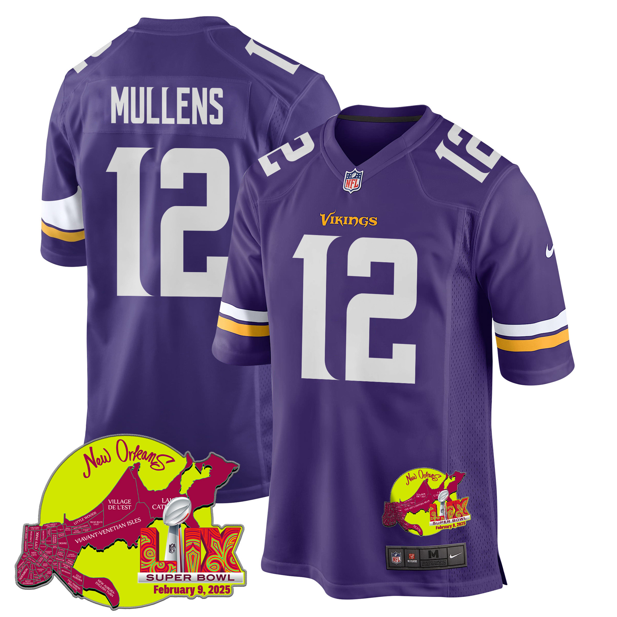 Nick Mullens 12 Minnesota Vikings Super Bowl LIX New Orleans Patch Game Men Jersey - Purple JS3086 Saliibo