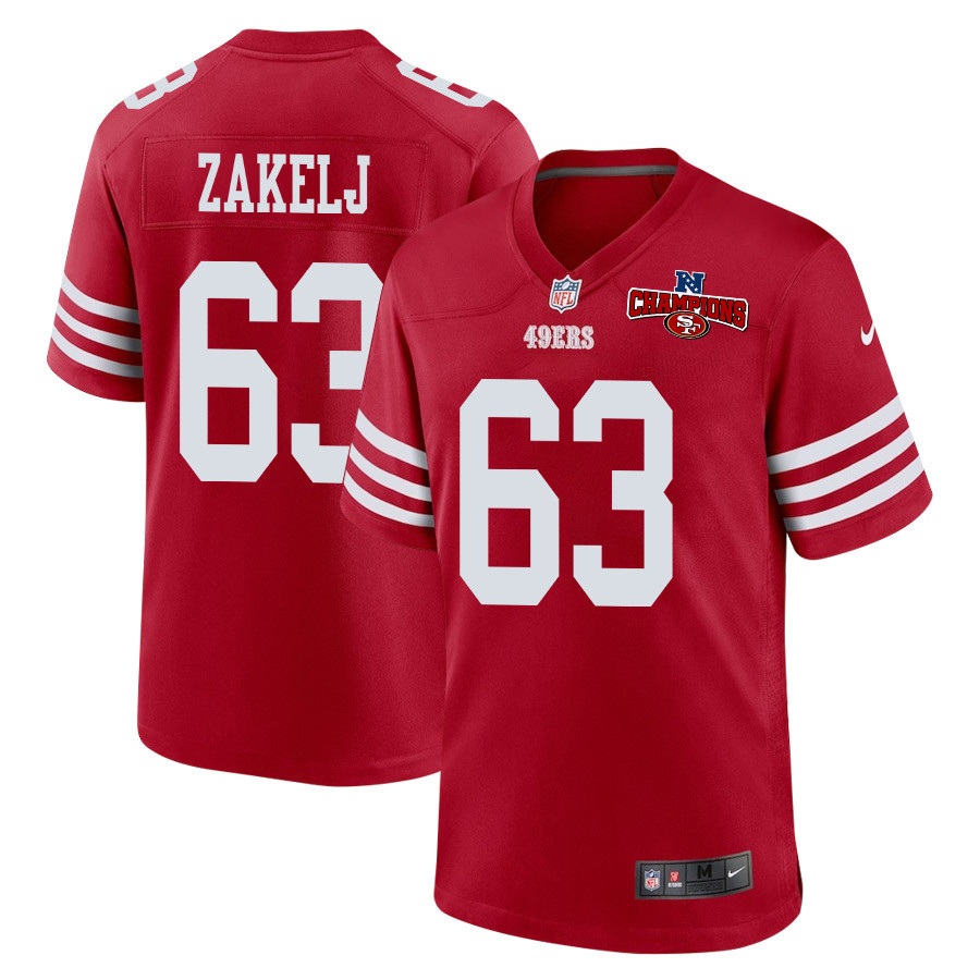 Nick Zakelj 63 San Francisco 49ers NFC Champions Patch Game Men Jersey - Scarlet JS1706 Saliibo