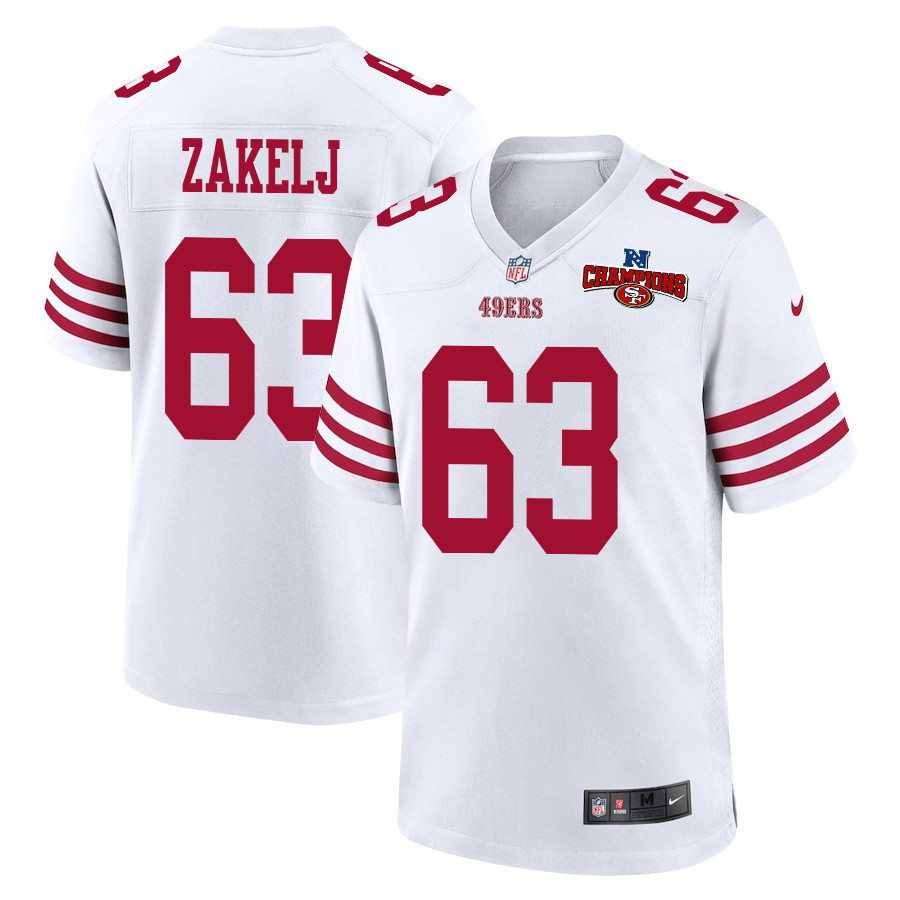 Nick Zakelj 63 San Francisco 49ers NFC Champions Patch Game Men Jersey - White JS2974 Saliibo