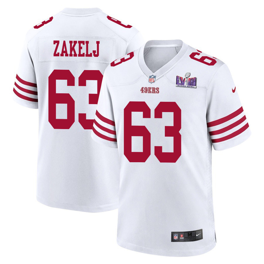Nick Zakelj 63 San Francisco 49ers Super Bowl LVIII Patch Game Men Jersey - White JS9274 Saliibo