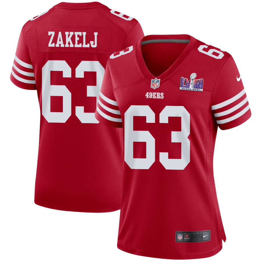 Nick Zakelj 63 San Francisco 49ers Super Bowl LVIII Patch Game Women Jersey - Scarlet JS8674 Saliibo