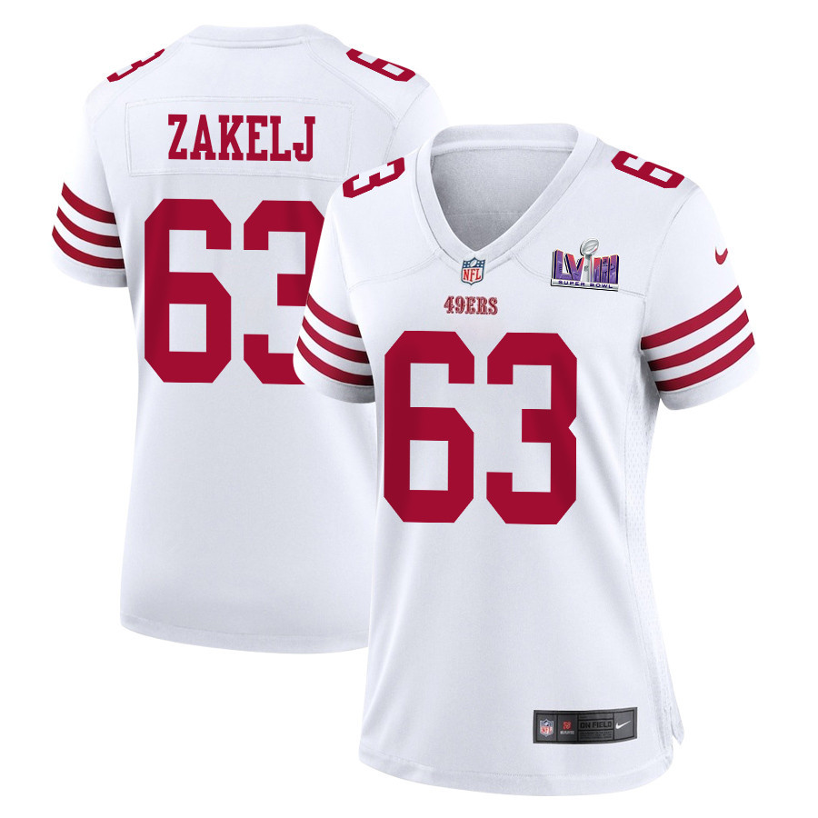 Nick Zakelj 63 San Francisco 49ers Super Bowl LVIII Patch Game Women Jersey - White JS4867 Saliibo