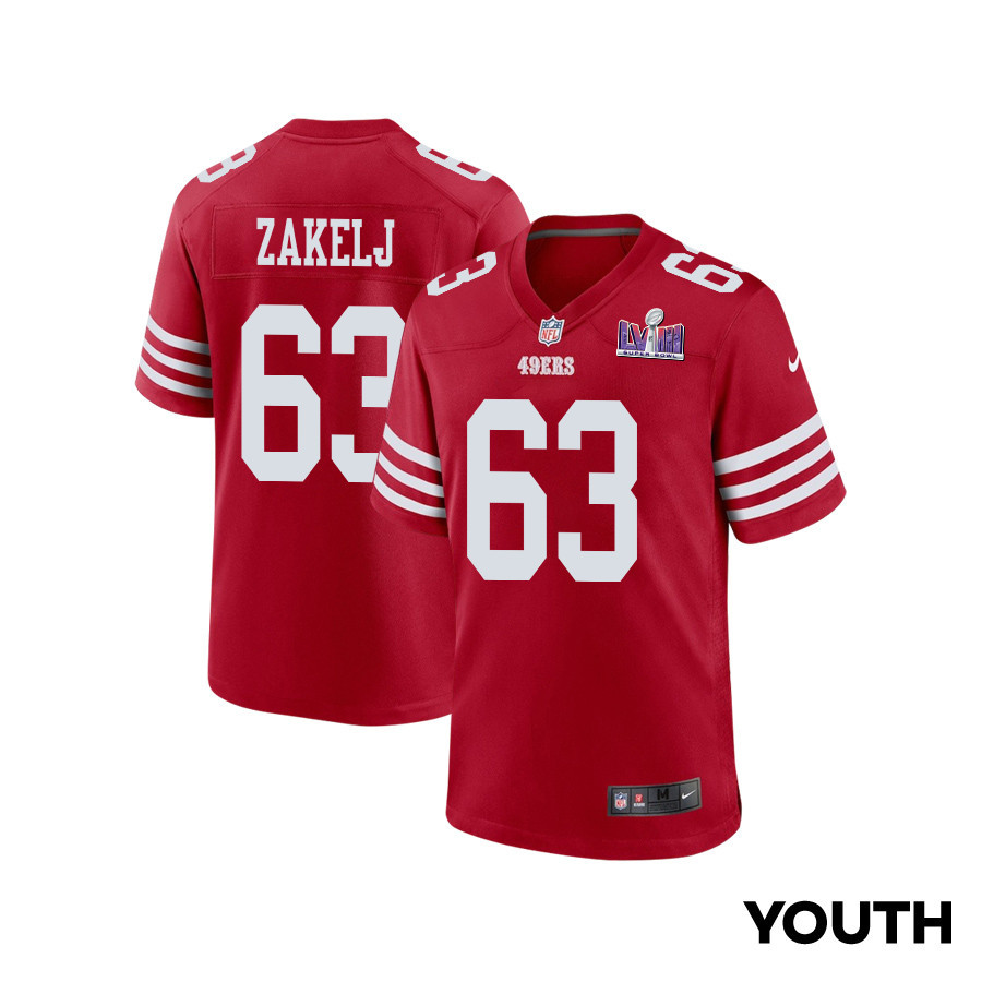 Nick Zakelj 63 San Francisco 49ers Super Bowl LVIII Patch Game YOUTH Jersey - Scarlet JS4512 Saliibo