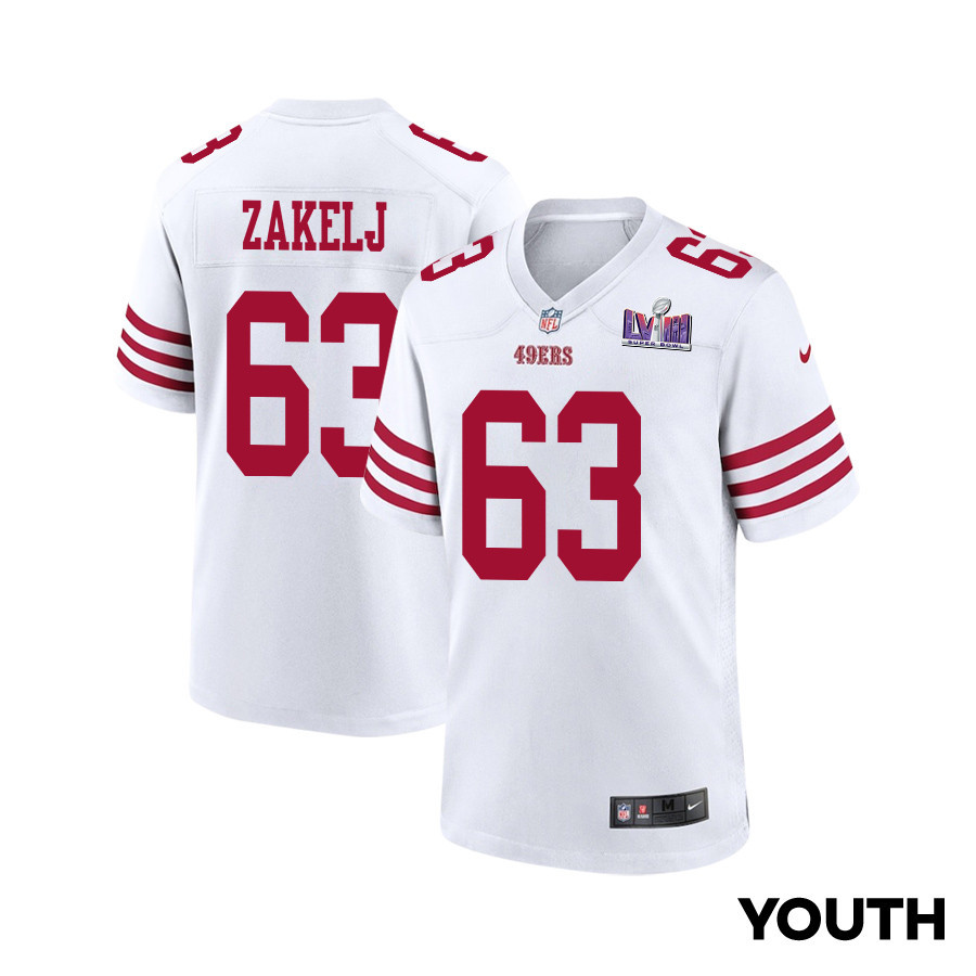 Nick Zakelj 63 San Francisco 49ers Super Bowl LVIII Patch Game YOUTH Jersey - White JS8752 Saliibo