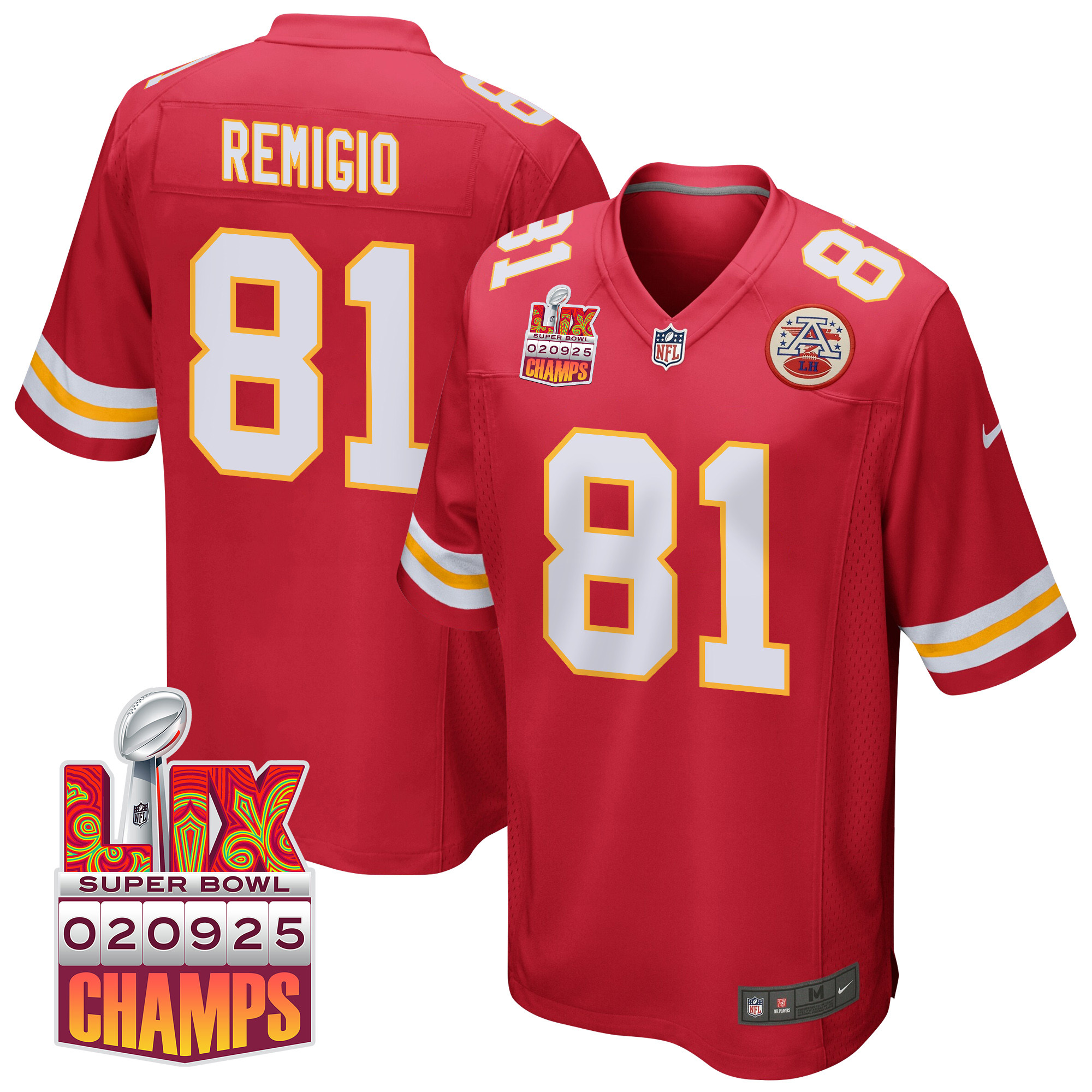 Nikko Remigio 81 Kansas City Chiefs Super Bowl LIX Champions Patch Game Men Jersey - Red JS3446 Saliibo