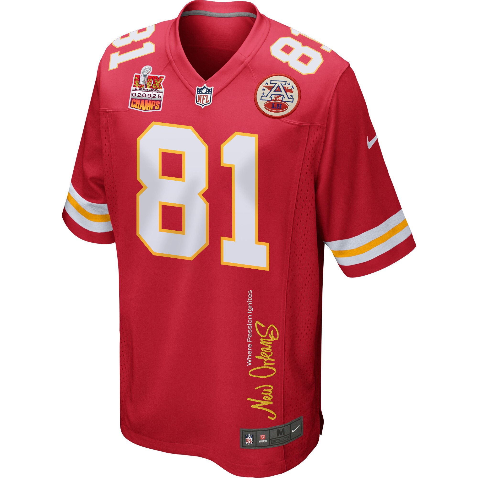Nikko Remigio 81 Kansas City Chiefs Super Bowl LIX Champions Patch 'New Orleans - Where Passion Ignites' EMBROIDERED Game Men Jersey - Red JS2984 Saliibo - Image 3