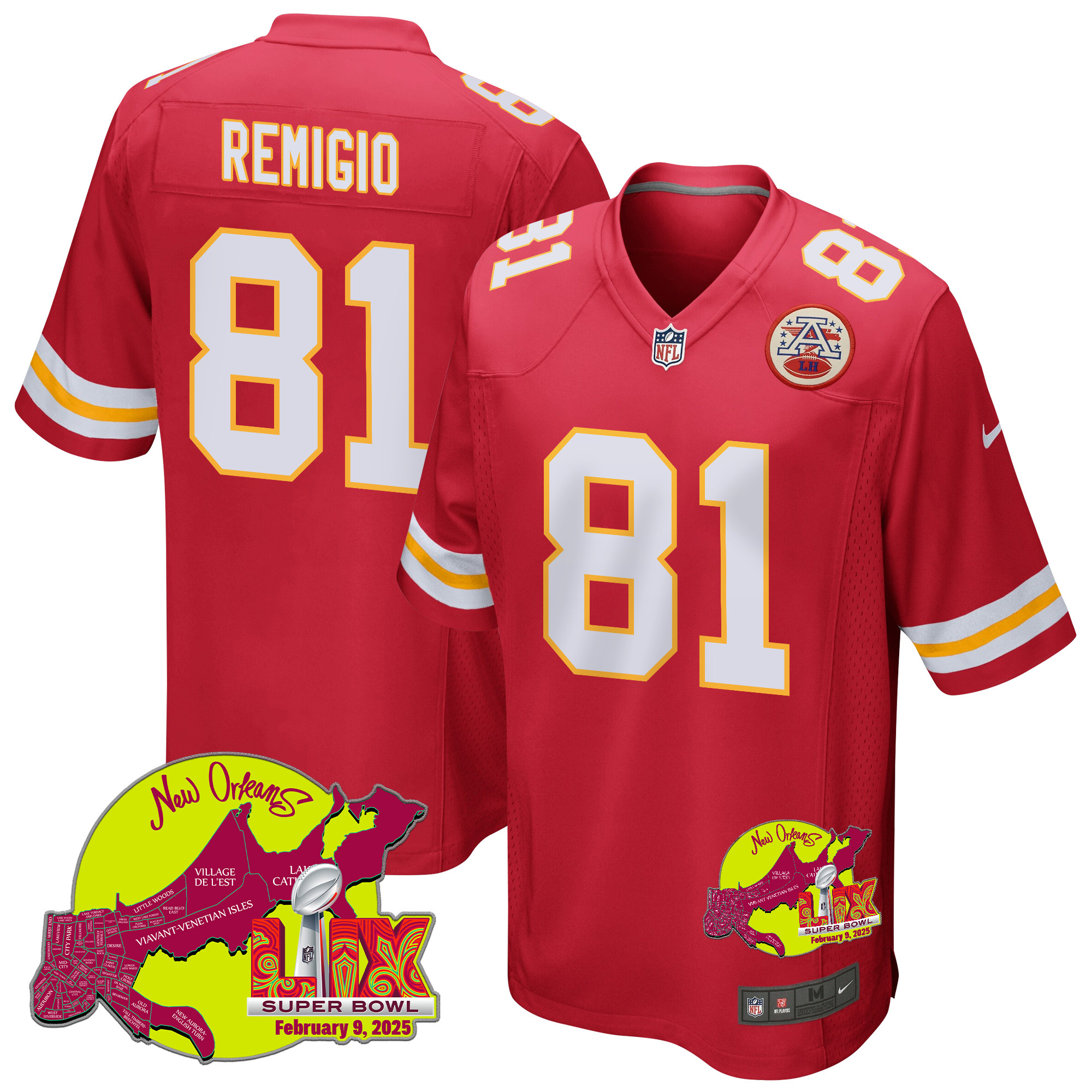 Nikko Remigio 81 Kansas City Chiefs Super Bowl LIX New Orleans Patch Game Men Jersey - Red JS1453 Saliibo