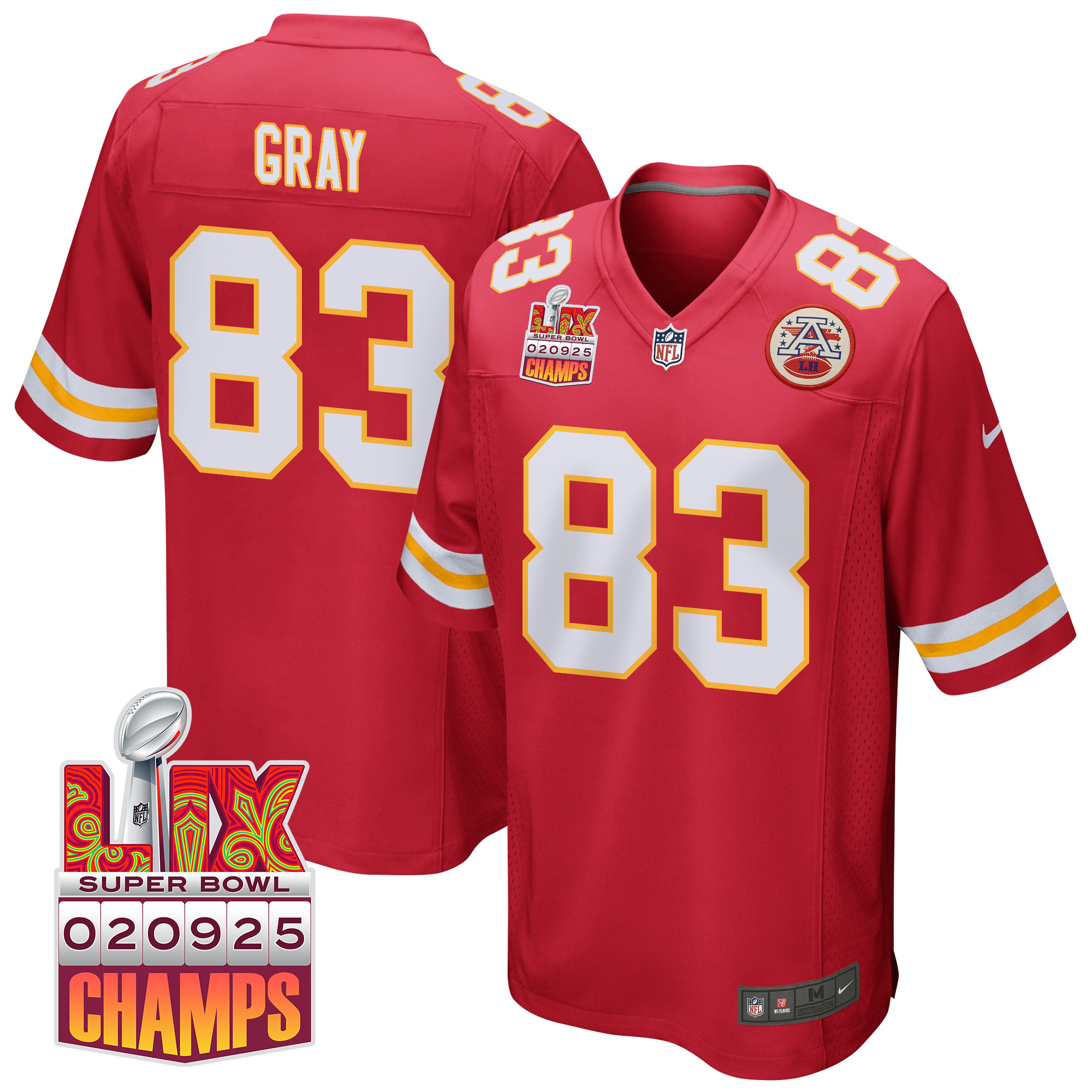 Noah Gray 83 Kansas City Chiefs Super Bowl LIX Champions Patch Game Men Jersey - Red JS3122 Saliibo