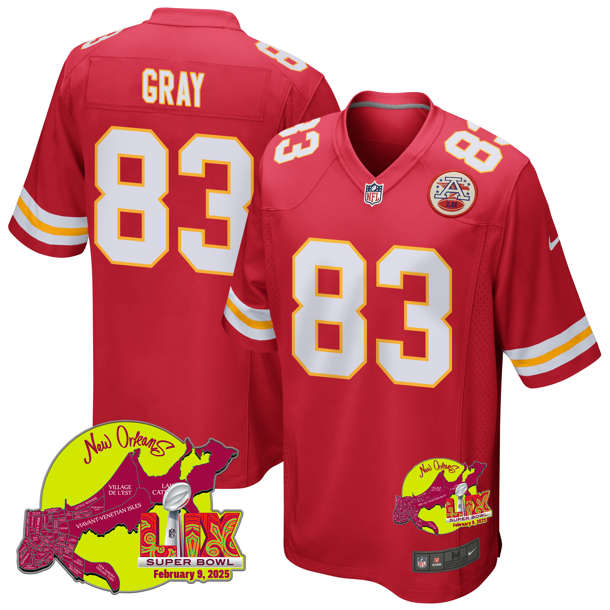 Noah Gray 83 Kansas City Chiefs Super Bowl LIX New Orleans Patch Game Men Jersey - Red JS1287 Saliibo