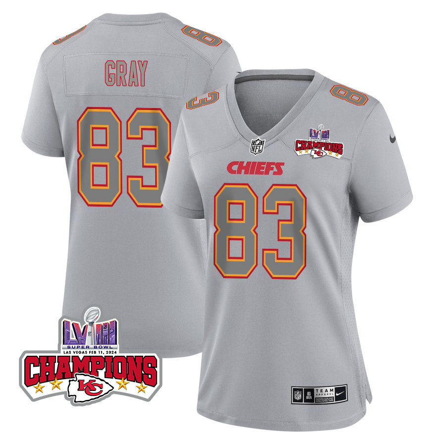 Noah Gray 83 Kansas City Chiefs Super Bowl LVIII Champions 4 Stars Patch Atmosphere Fashion Game Women Jersey - Gray JS7025 Saliibo