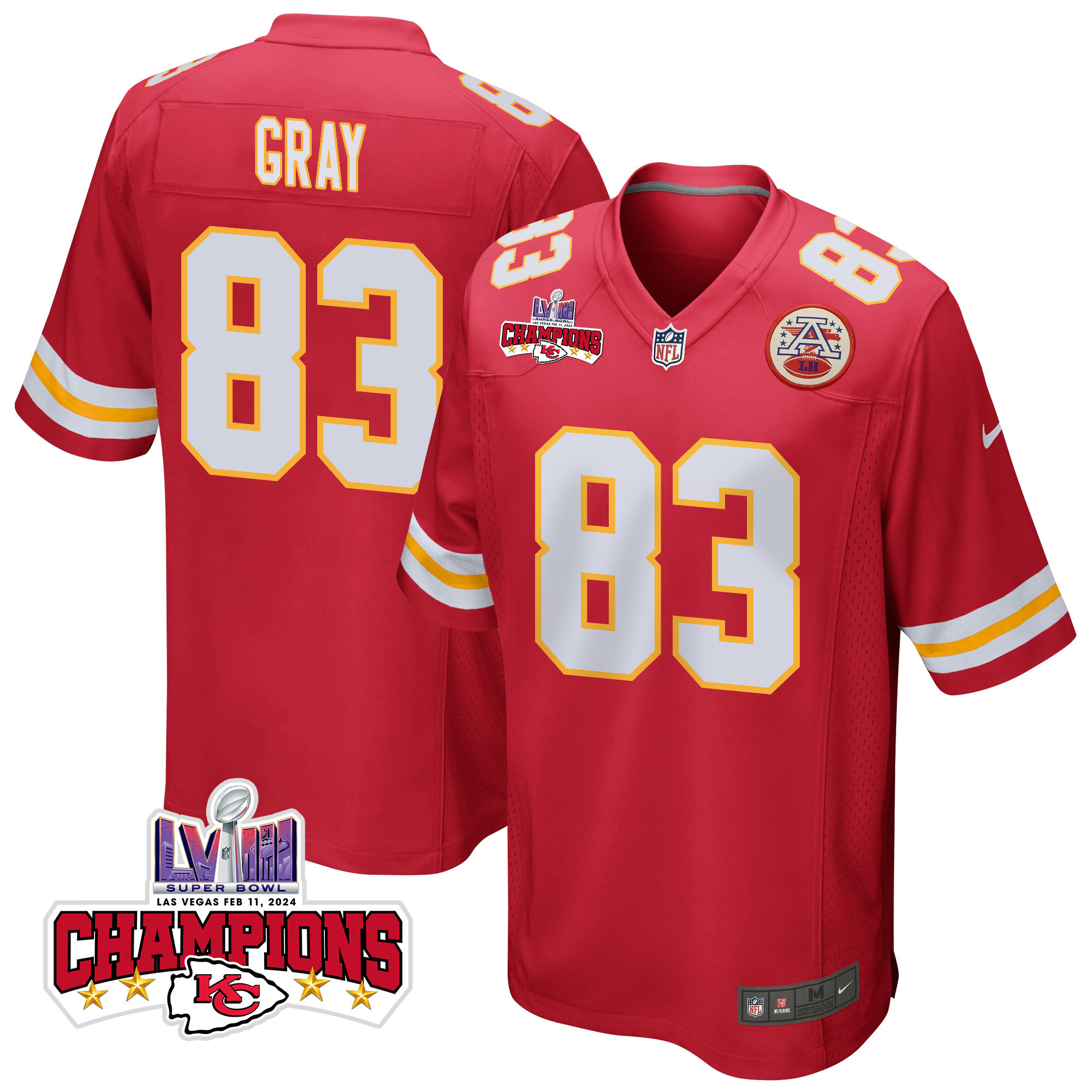 Noah Gray 83 Kansas City Chiefs Super Bowl LVIII Champions 4 Stars Patch Game Men Jersey - Red JS9149 Saliibo