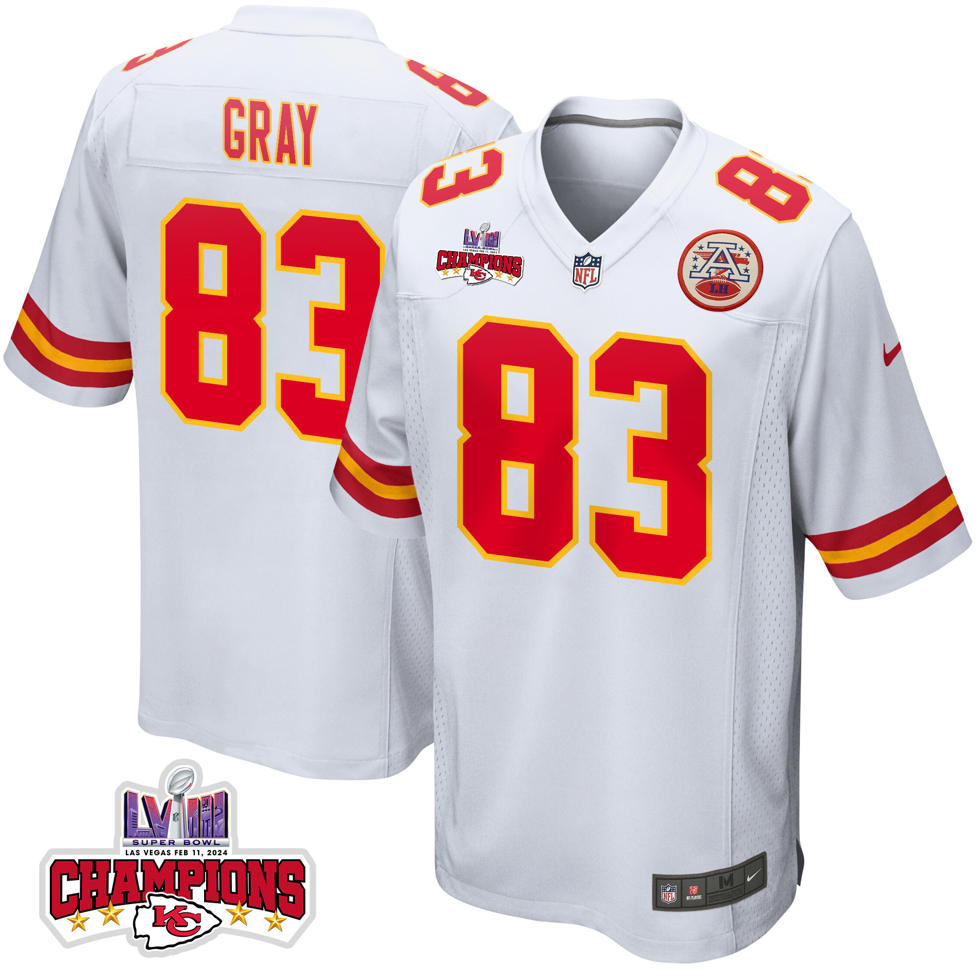 Noah Gray 83 Kansas City Chiefs Super Bowl LVIII Champions 4 Stars Patch Game Men Jersey - White JS1936 Saliibo