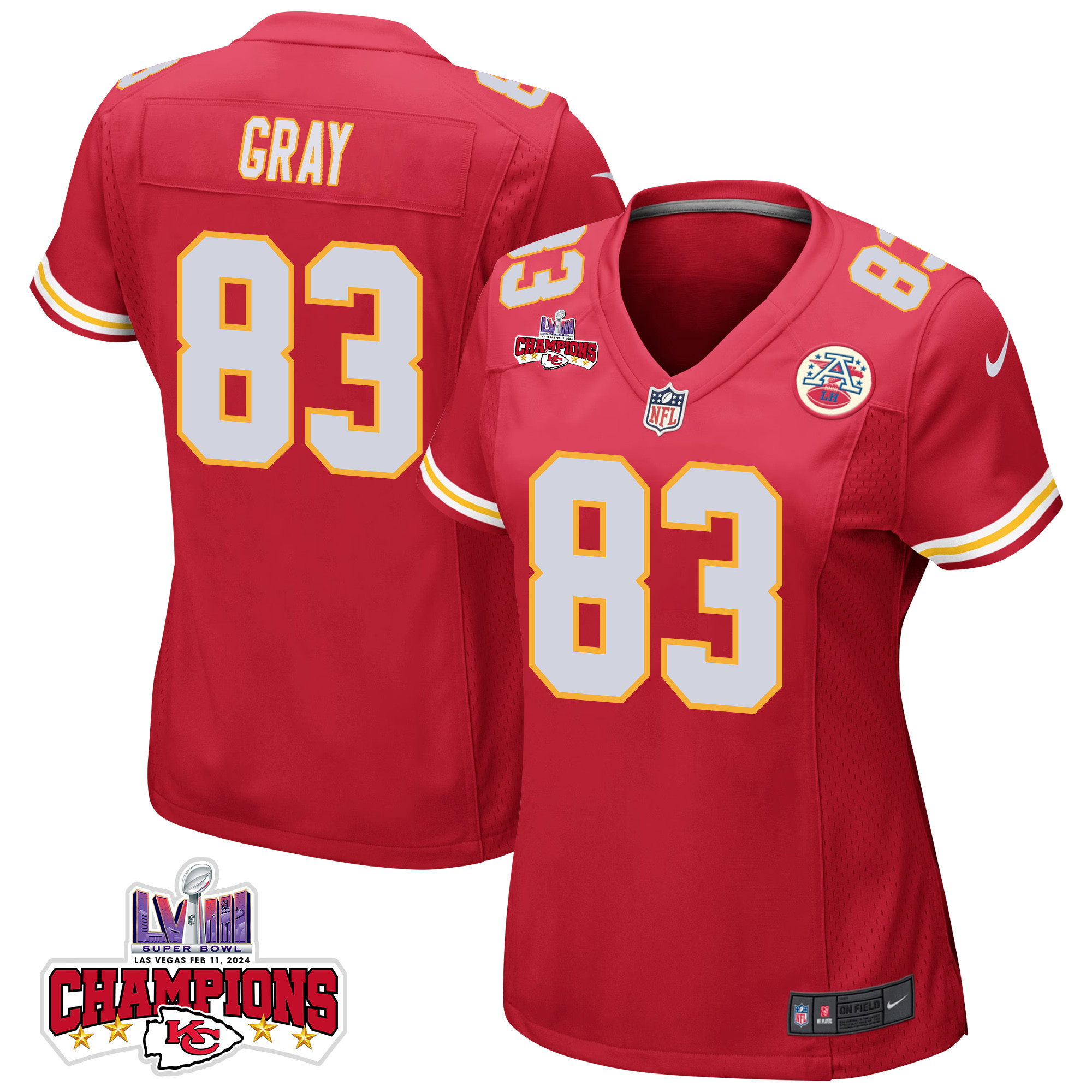 Noah Gray 83 Kansas City Chiefs Super Bowl LVIII Champions 4 Stars Patch Game Women Jersey - Red JS6853 Saliibo