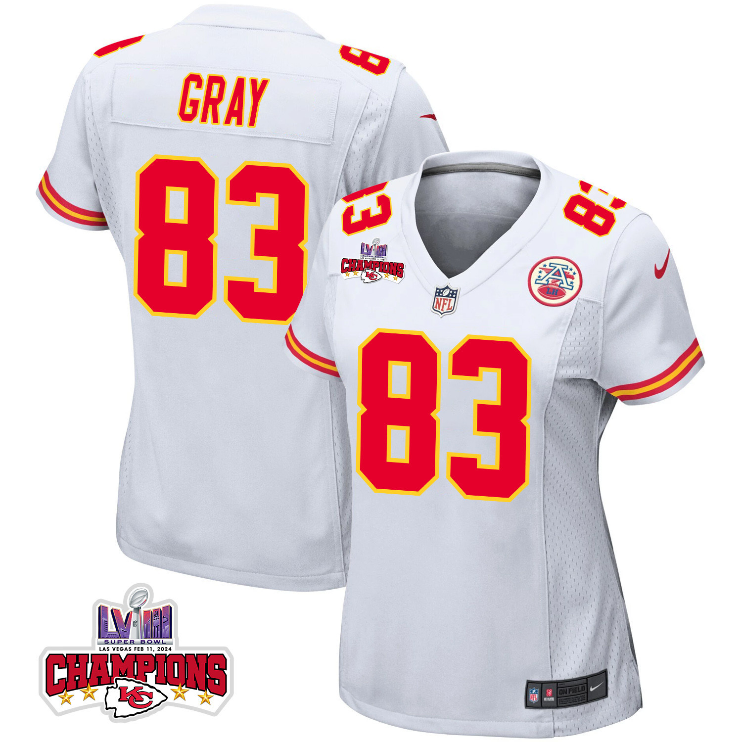 Noah Gray 83 Kansas City Chiefs Super Bowl LVIII Champions 4 Stars Patch Game Women Jersey - White JS2792 Saliibo