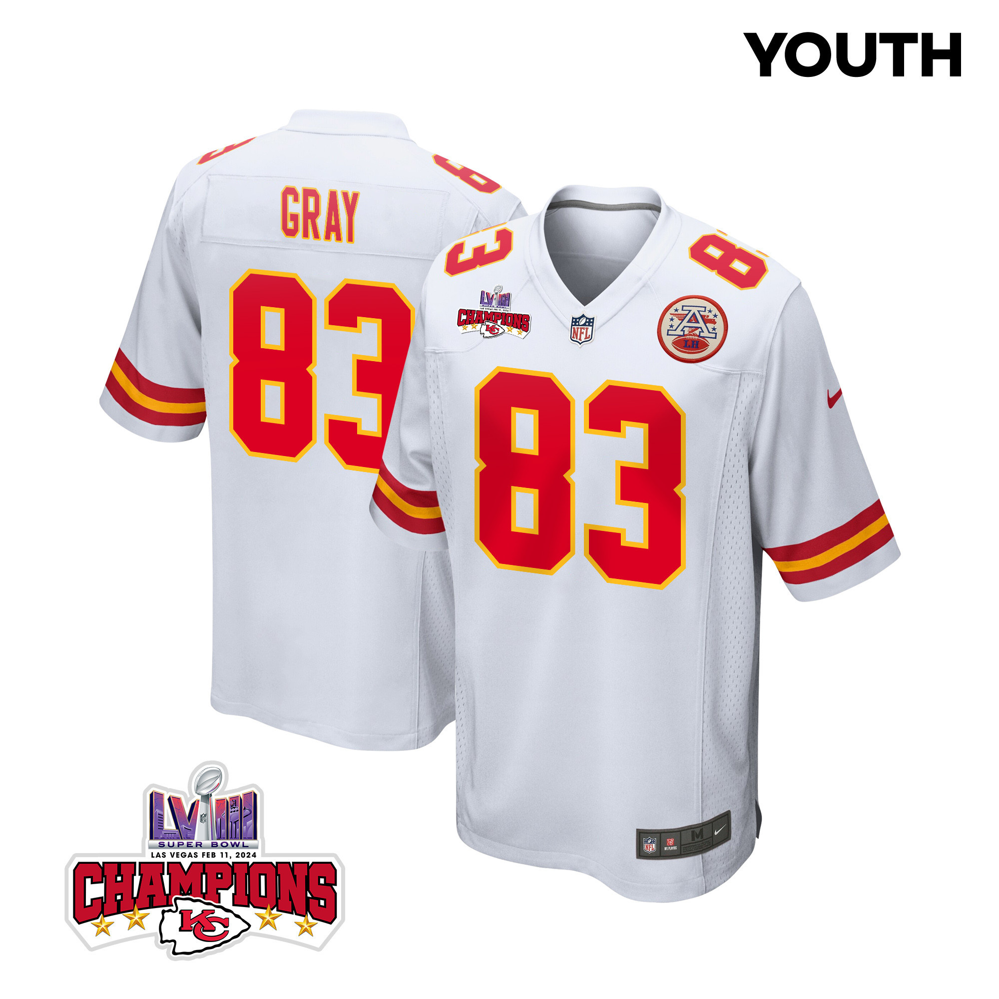 Noah Gray 83 Kansas City Chiefs Super Bowl LVIII Champions 4 Stars Patch Game YOUTH Jersey - White JS2241 Saliibo