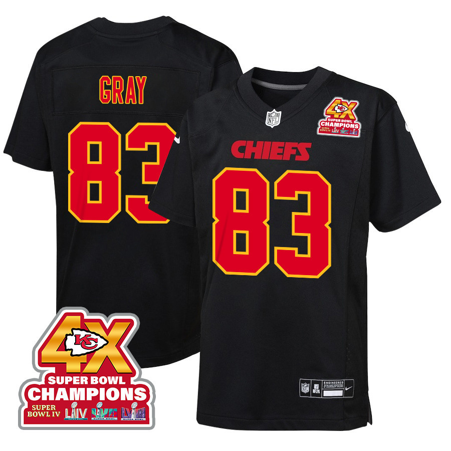 Noah Gray 83 Kansas City Chiefs Super Bowl LVIII Champions 4X Fashion Game YOUTH Jersey - Carbon Black JS8954 Saliibo