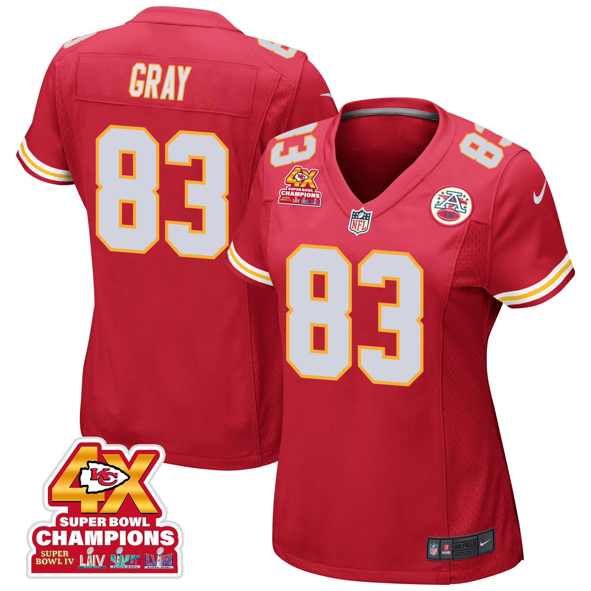 Noah Gray 83 Kansas City Chiefs Super Bowl LVIII Champions 4X Game Women Jersey - Red JS4293 Saliibo