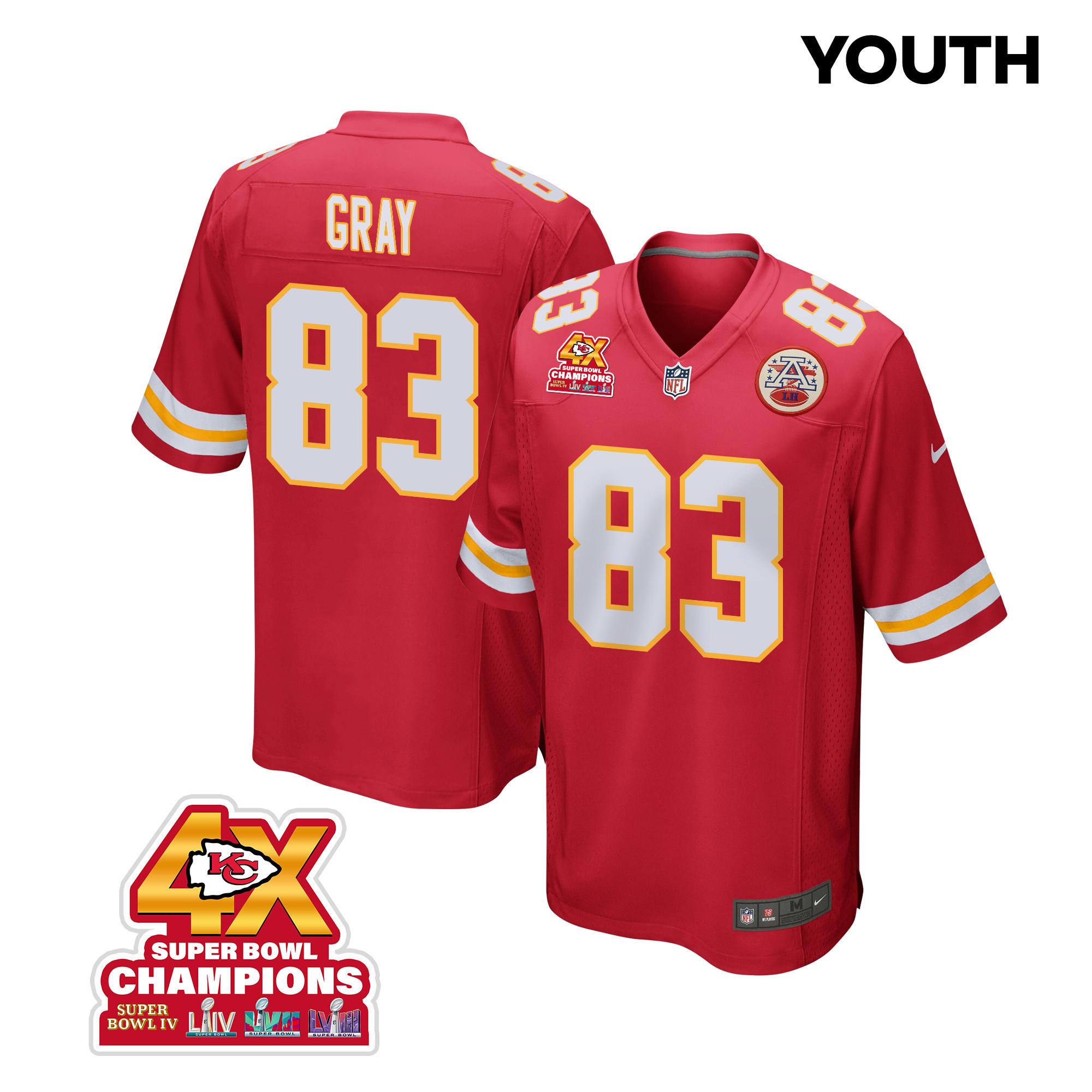 Noah Gray 83 Kansas City Chiefs Super Bowl LVIII Champions 4X Game YOUTH Jersey - Red JS8411 Saliibo