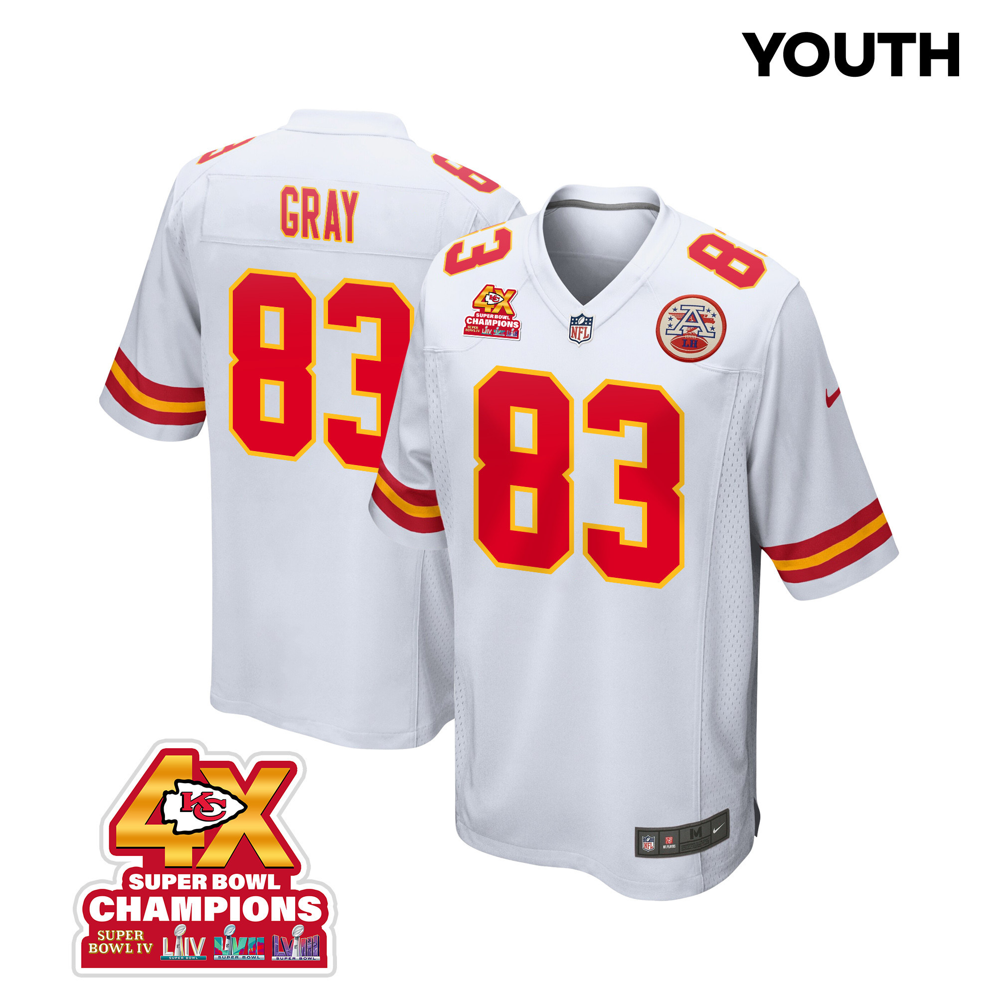 Noah Gray 83 Kansas City Chiefs Super Bowl LVIII Champions 4X Game YOUTH Jersey - White JS7277 Saliibo