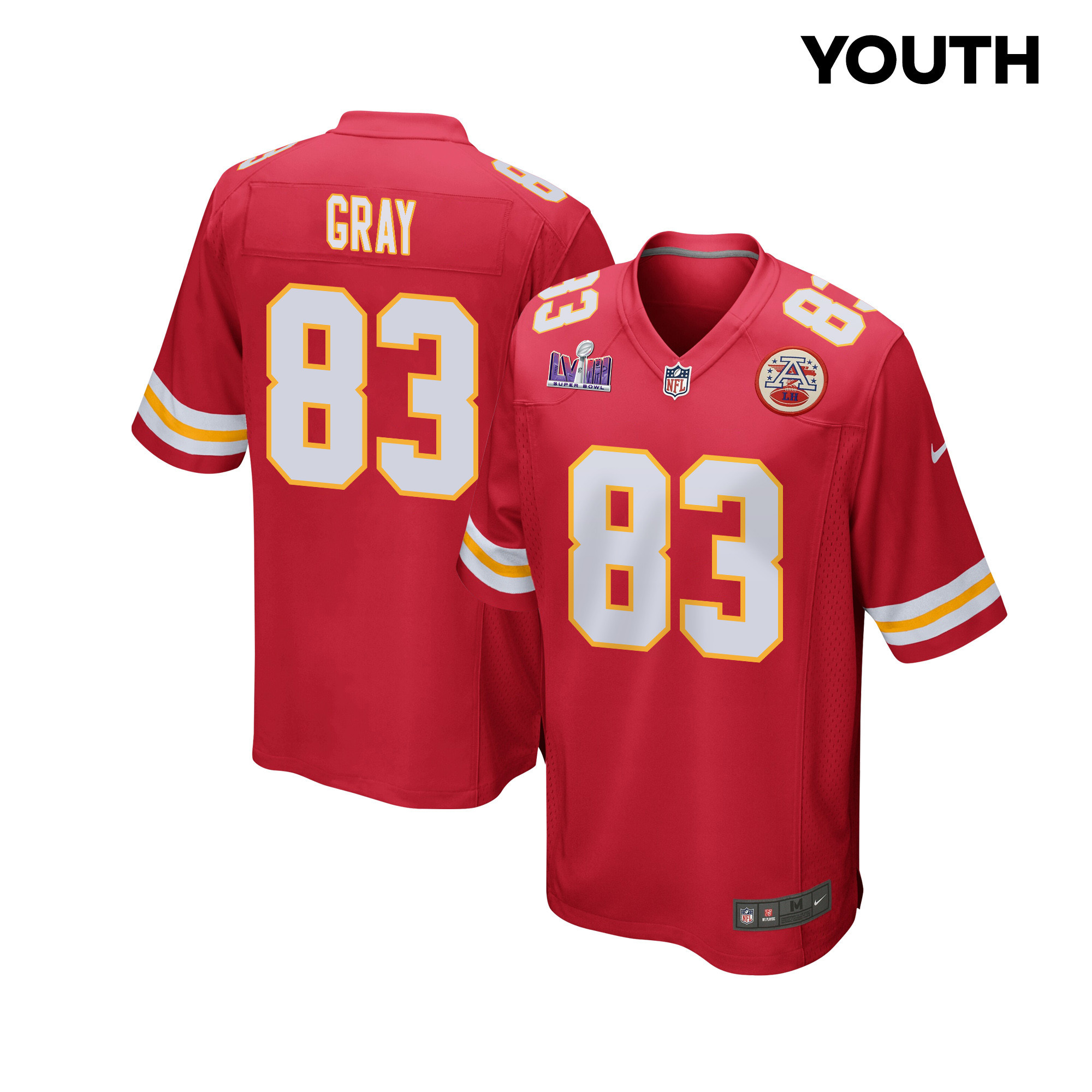 Noah Gray 83 Kansas City Chiefs Super Bowl LVIII Patch Game YOUTH Jersey - Red JS1334 Saliibo