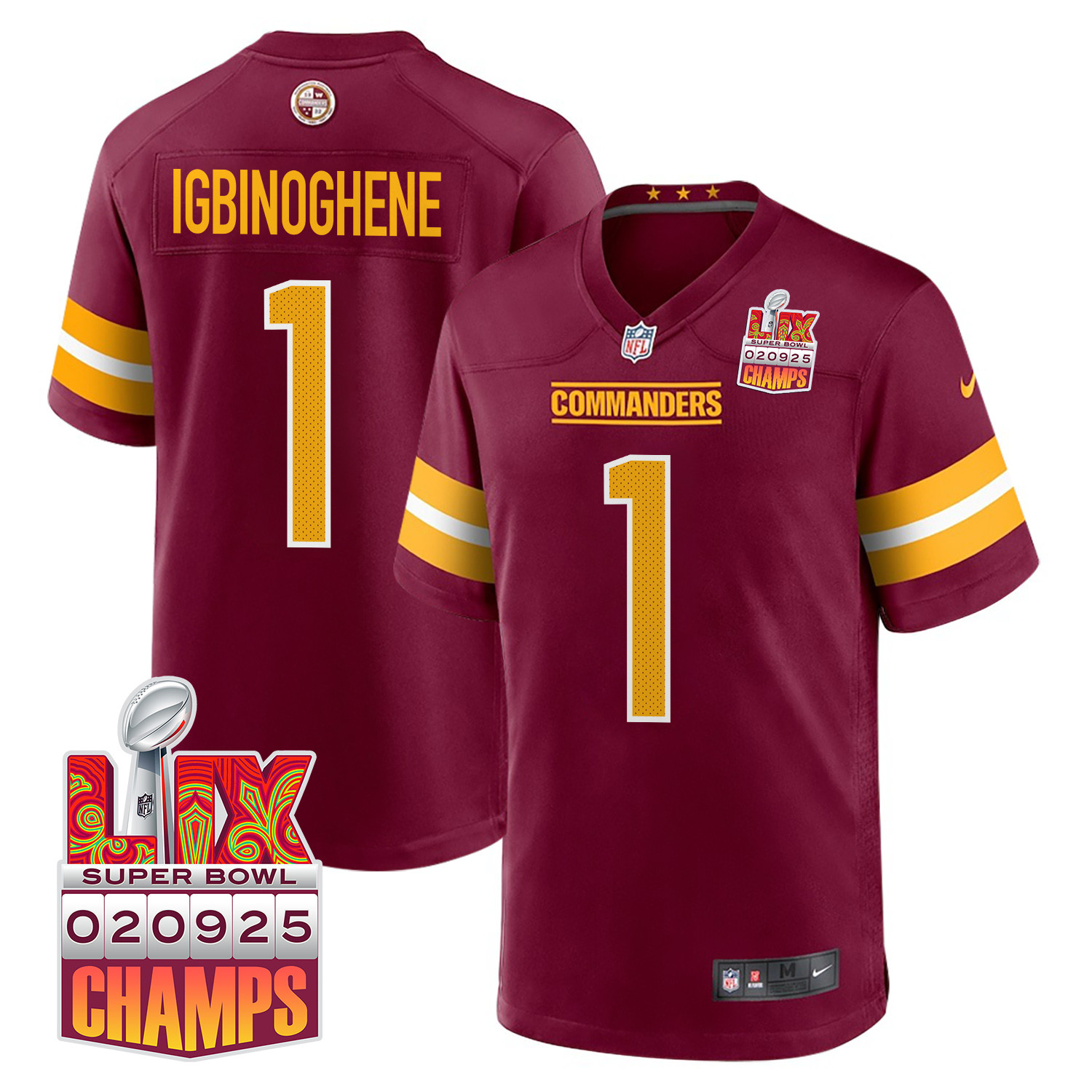 Noah Igbinoghene 1 Washington Commanders Super Bowl LIX Champions Patch Game Men Jersey - Burgundy JS6008 Saliibo