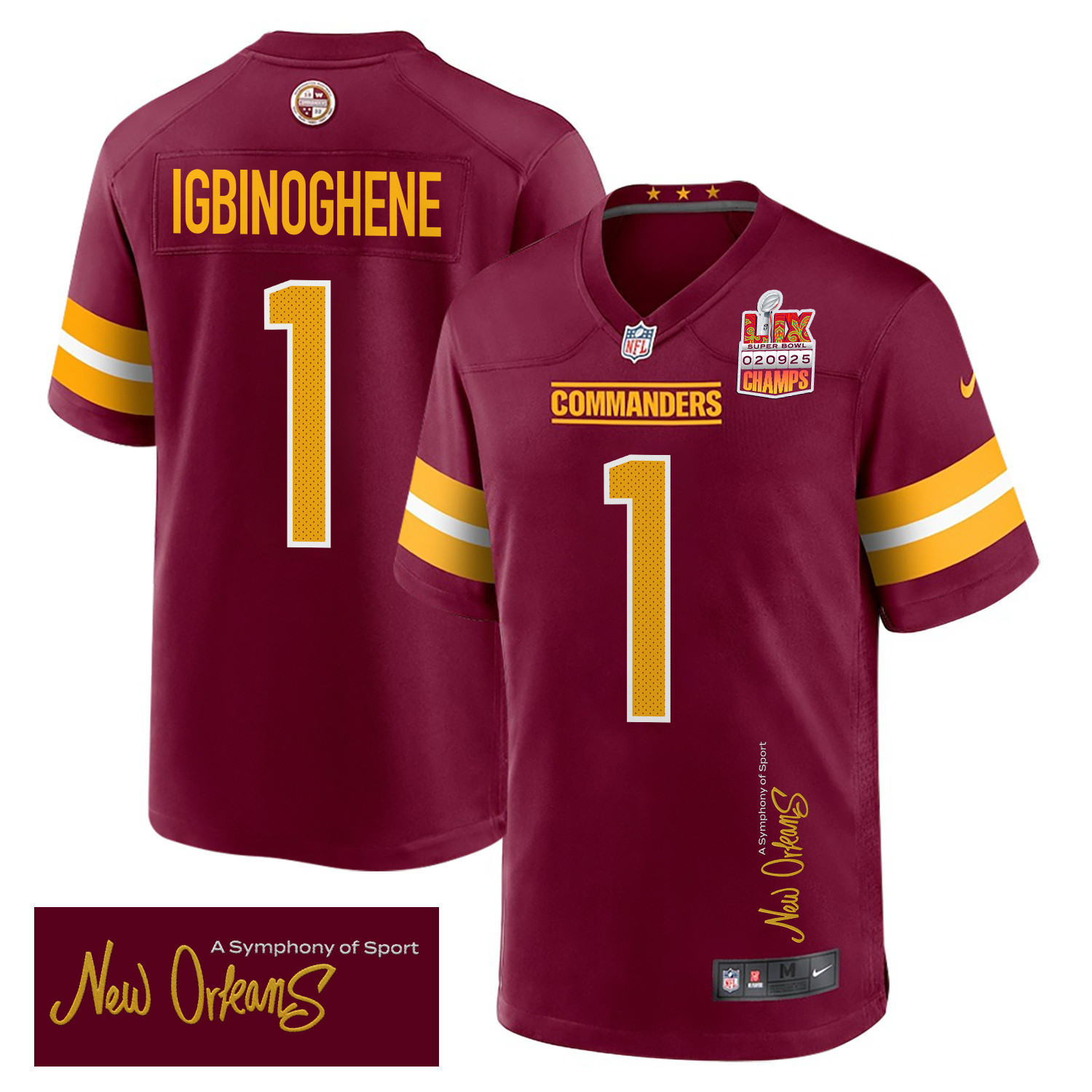 Noah Igbinoghene 1 Washington Commanders Super Bowl LIX Champions Patch 'New Orleans - A Symphony of Sport' EMBROIDERED Game Men Jersey - Burgundy JS8159 Saliibo
