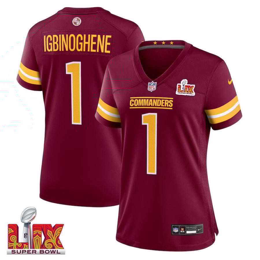 Noah Igbinoghene #1 Washington Commanders Super Bowl LIX Women's Jersey - Burgundy JS5273 Saliibo