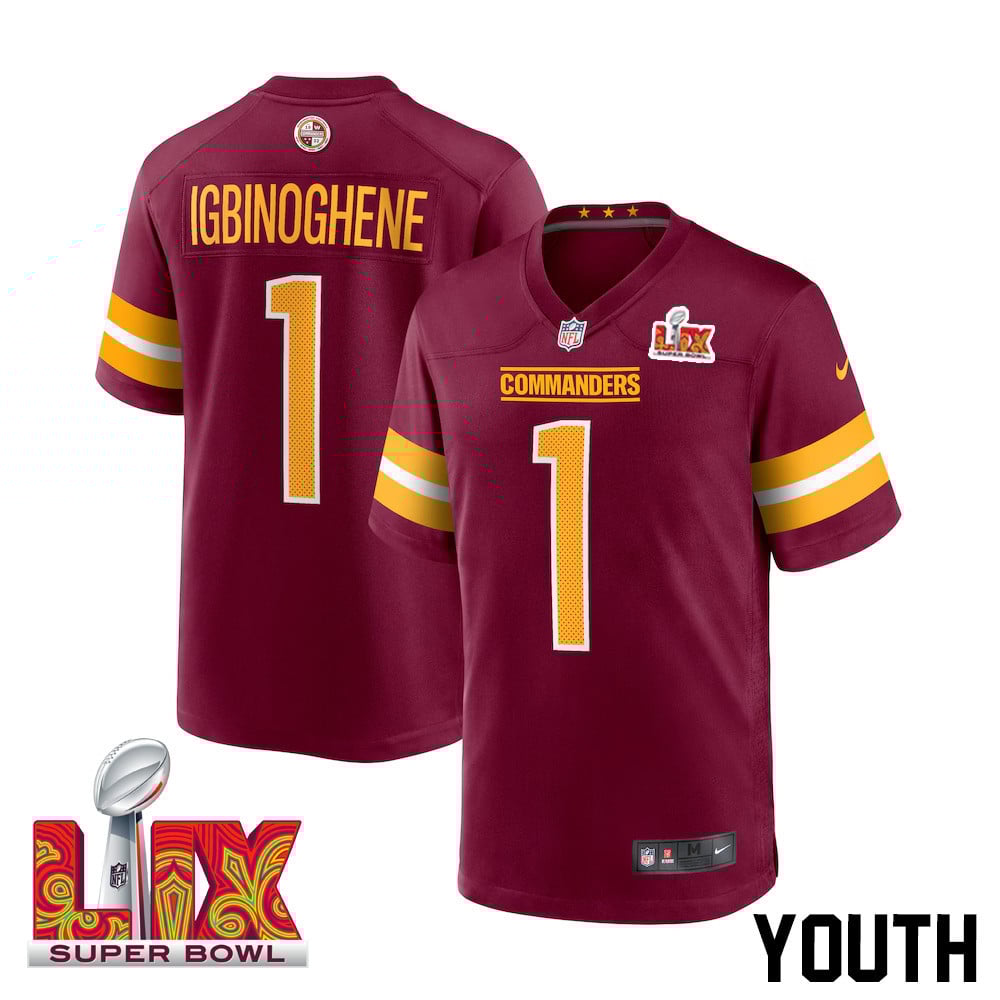 Noah Igbinoghene #1 Washington Commanders Super Bowl LIX Youth Jersey - Burgundy JS9454 Saliibo