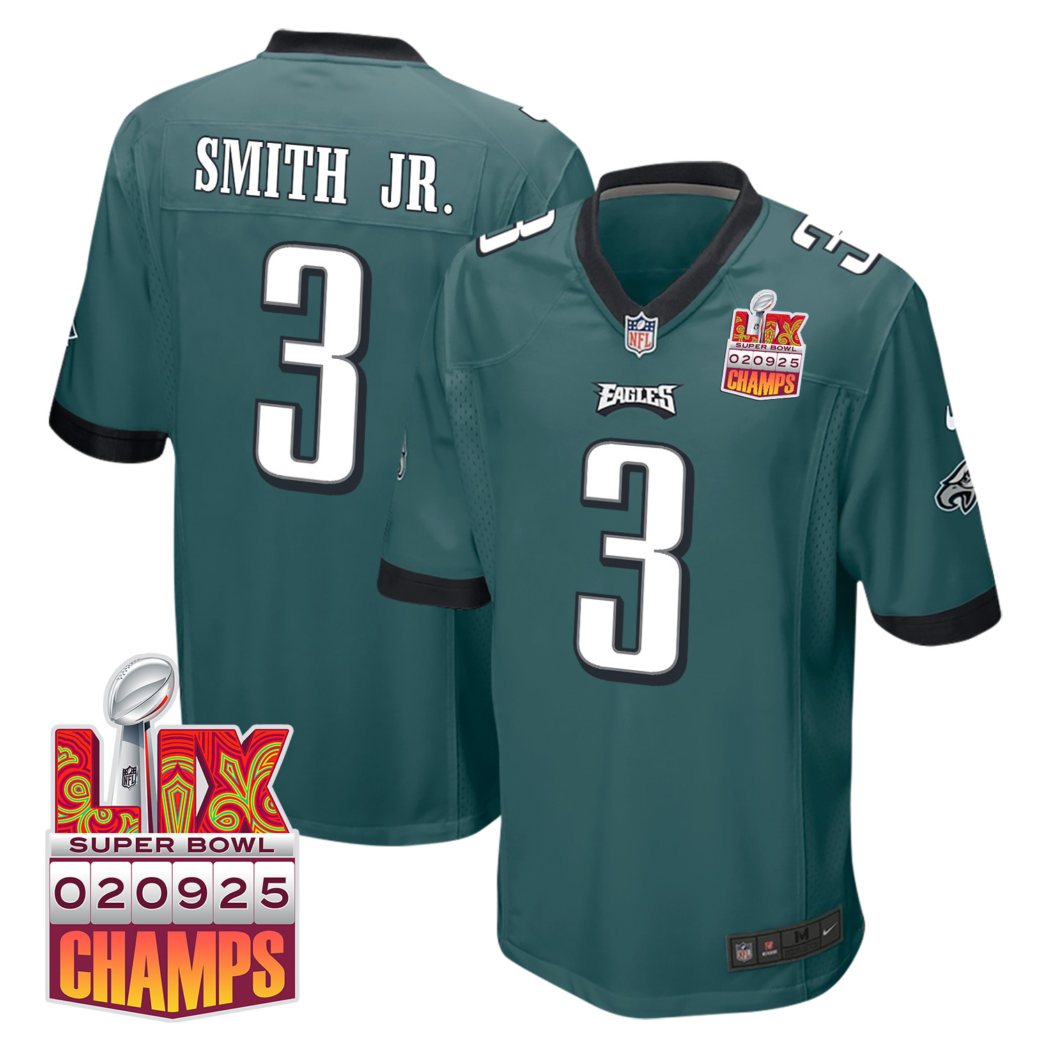 Nolan Smith Jr. 3 Philadelphia Eagles Super Bowl LIX Champions Patch Game Men Jersey - Midnight Green JS4862 Saliibo
