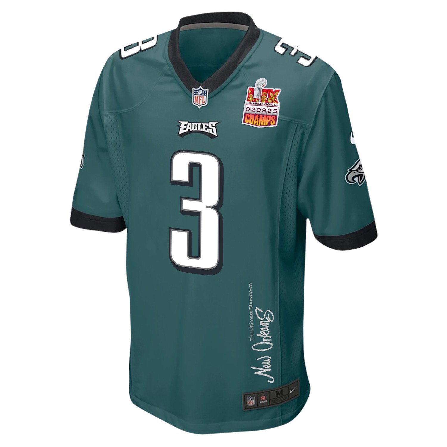Nolan Smith Jr. 3 Philadelphia Eagles Super Bowl LIX Champions Patch 'New Orleans - The Ultimate Showdown' EMBROIDERED Game Men Jersey - Midnight Green JS7130 Saliibo - Image 3