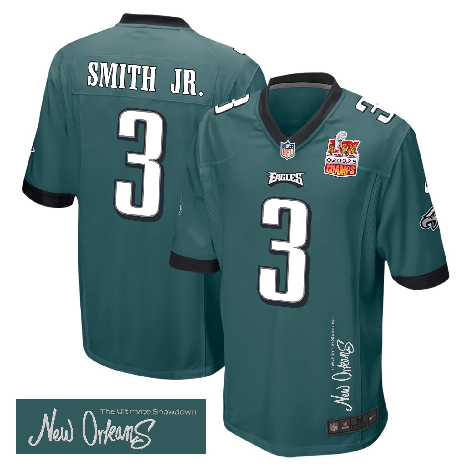 Nolan Smith Jr. 3 Philadelphia Eagles Super Bowl LIX Champions Patch 'New Orleans - The Ultimate Showdown' EMBROIDERED Game Men Jersey - Midnight Green JS7130 Saliibo