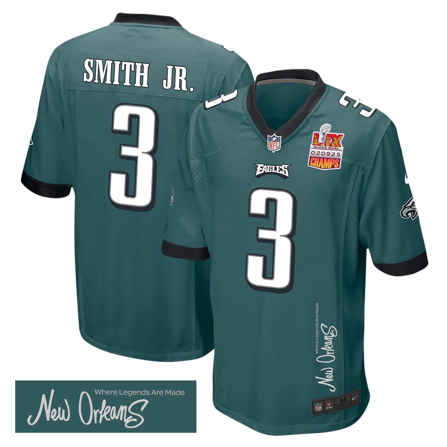 Nolan Smith Jr. 3 Philadelphia Eagles Super Bowl LIX Champions Patch 'New Orleans - Where Legends Are Made' EMBROIDERED Game Men Jersey - Midnight Green JS8871 Saliibo