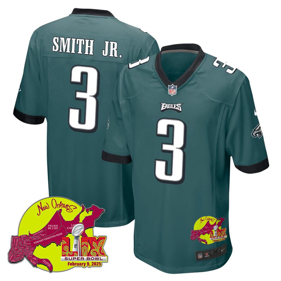 Nolan Smith Jr. 3 Philadelphia Eagles Super Bowl LIX New Orleans Patch Game Men Jersey - Midnight Green JS5881 Saliibo