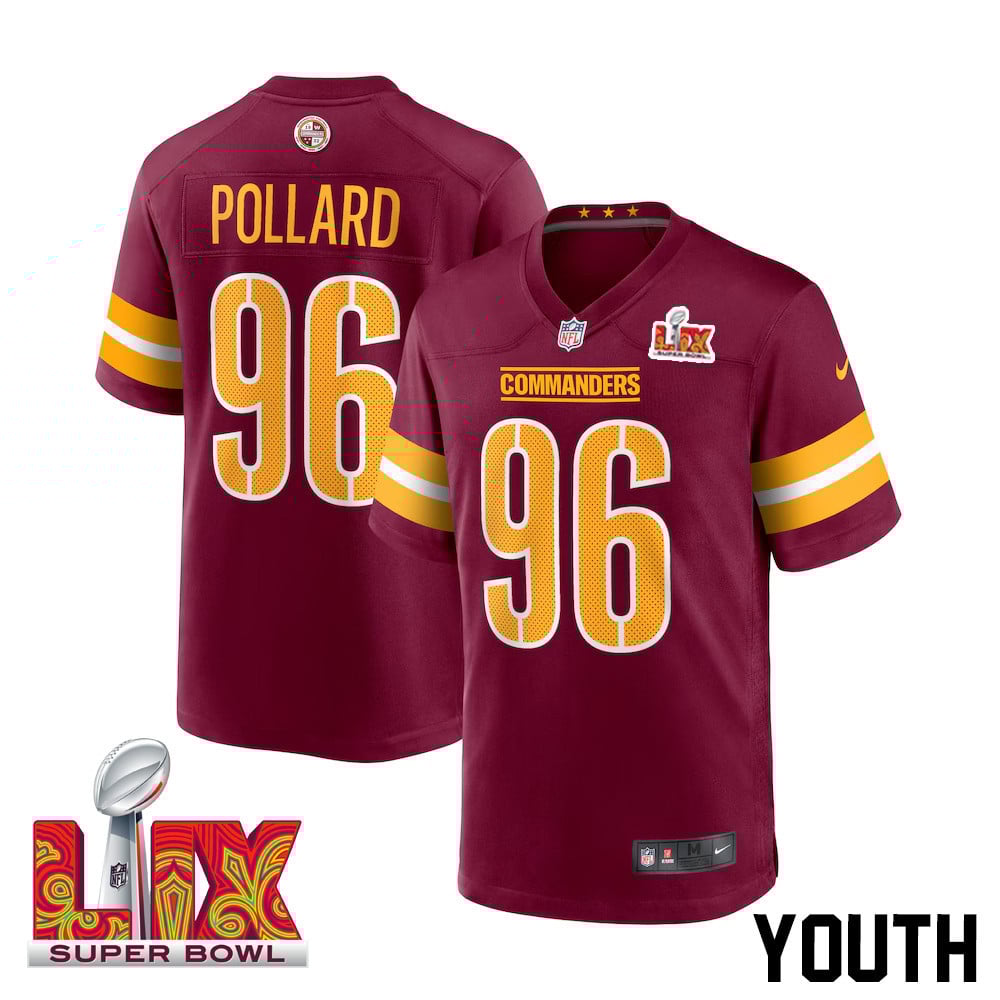 Norell Pollard #96 Washington Commanders Super Bowl LIX Youth Jersey - Burgundy JS8401 Saliibo
