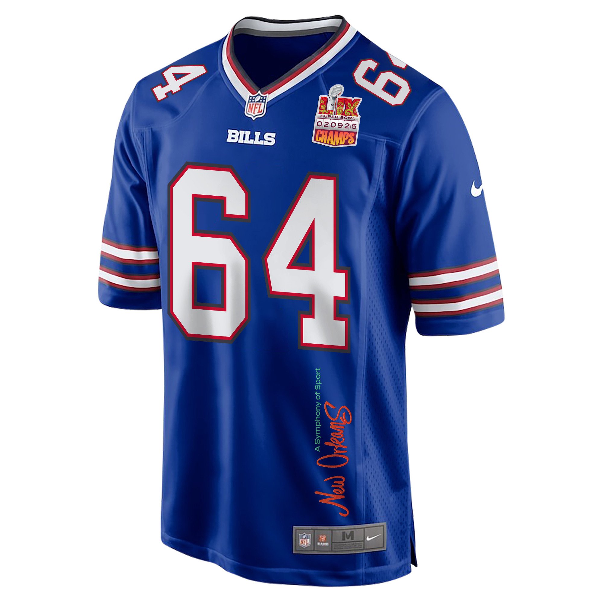 O'Cyrus Torrence 64 Buffalo Bills Super Bowl LIX Champions Patch 'New Orleans - A Symphony of Sport' EMBROIDERED Game Men Jersey - Royal JS5966 Saliibo - Image 3
