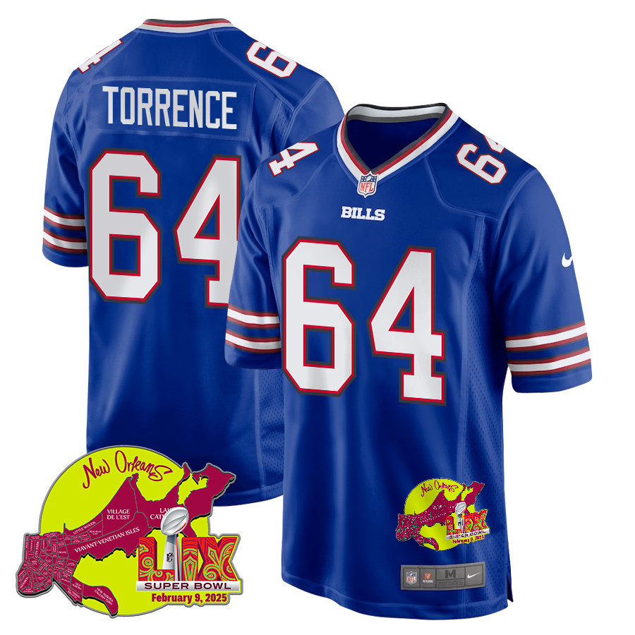 O'Cyrus Torrence 64 Buffalo Bills Super Bowl LIX New Orleans Patch Game Men Jersey - Royal JS7613 Saliibo