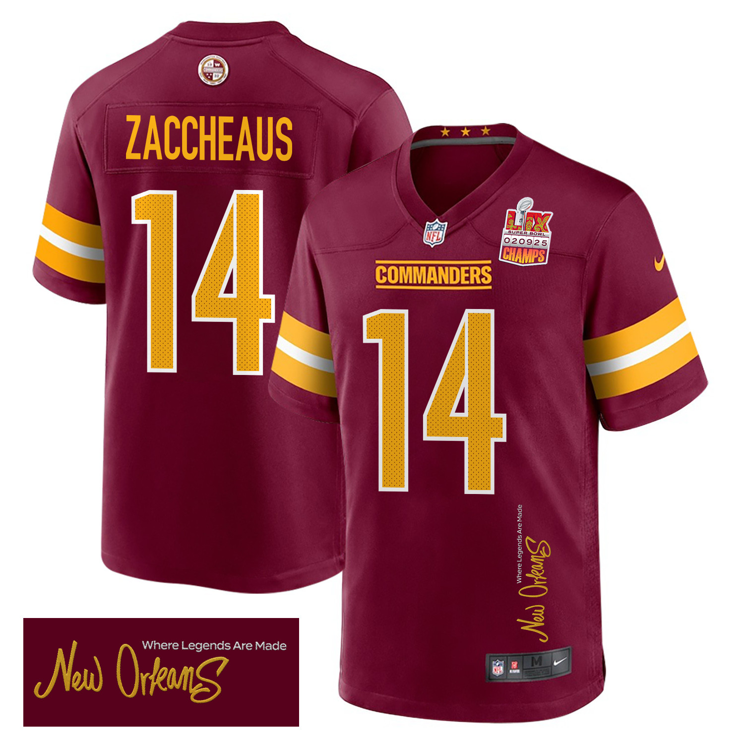 Olamide Zaccheaus 14 Washington Commanders Super Bowl LIX Champions Patch 'New Orleans - Where Legends Are Made' EMBROIDERED Game Men Jersey - Burgundy JS4864 Saliibo