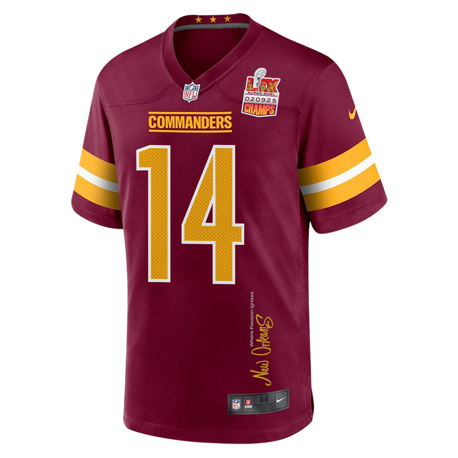 Olamide Zaccheaus 14 Washington Commanders Super Bowl LIX Champions Patch 'New Orleans - Where Passion Ignites' EMBROIDERED Game Men Jersey - Burgundy JS4764 Saliibo - Image 3