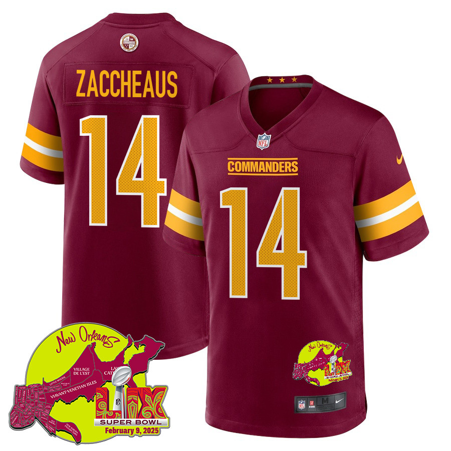 Olamide Zaccheaus 14 Washington Commanders Super Bowl LIX New Orleans Patch Game Men Jersey - Burgundy JS4700 Saliibo