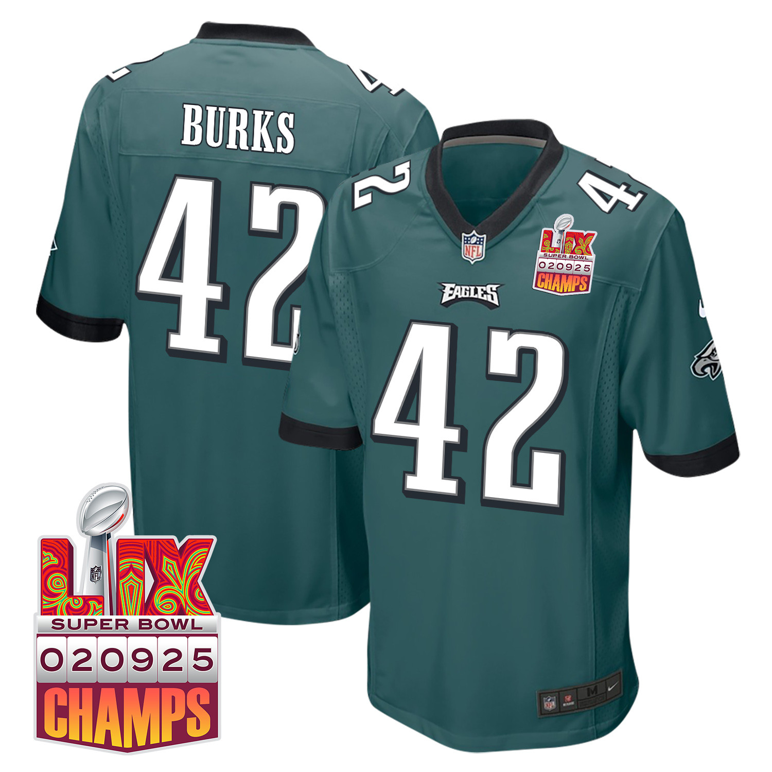 Oren Burks 42 Philadelphia Eagles Super Bowl LIX Champions Patch Game Men Jersey - Midnight Green JS3711 Saliibo